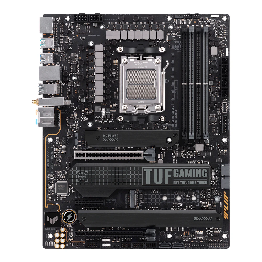 A large main feature product image of EX-DEMO ASUS TUF Gaming X670E-Plus WiFi AM5 ATX Desktop Motherboard