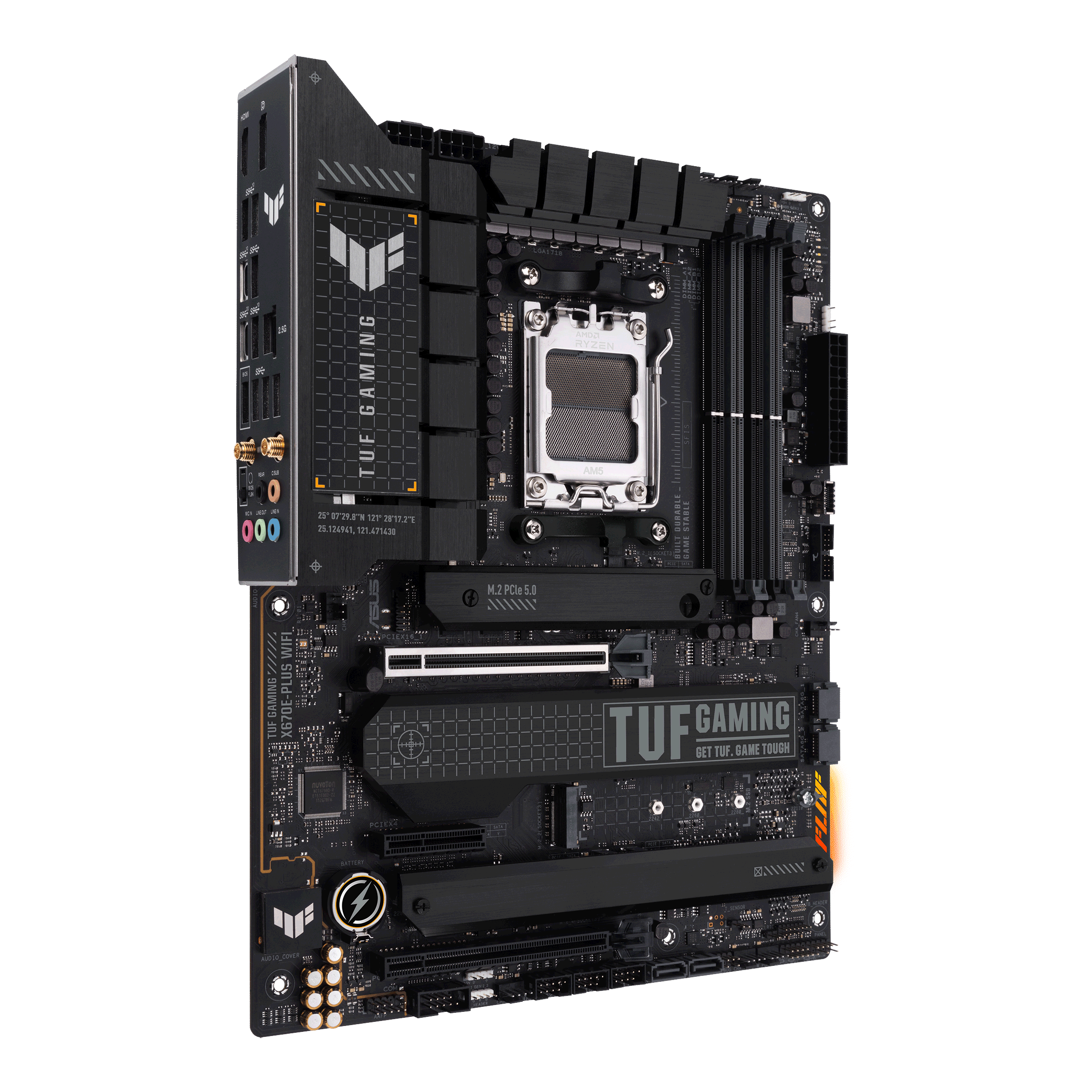 A large main feature product image of EX-DEMO ASUS TUF Gaming X670E-Plus WiFi AM5 ATX Desktop Motherboard