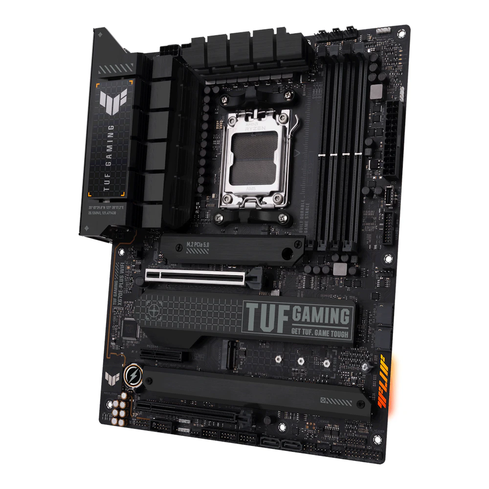 A large main feature product image of EX-DEMO ASUS TUF Gaming X670E-Plus WiFi AM5 ATX Desktop Motherboard
