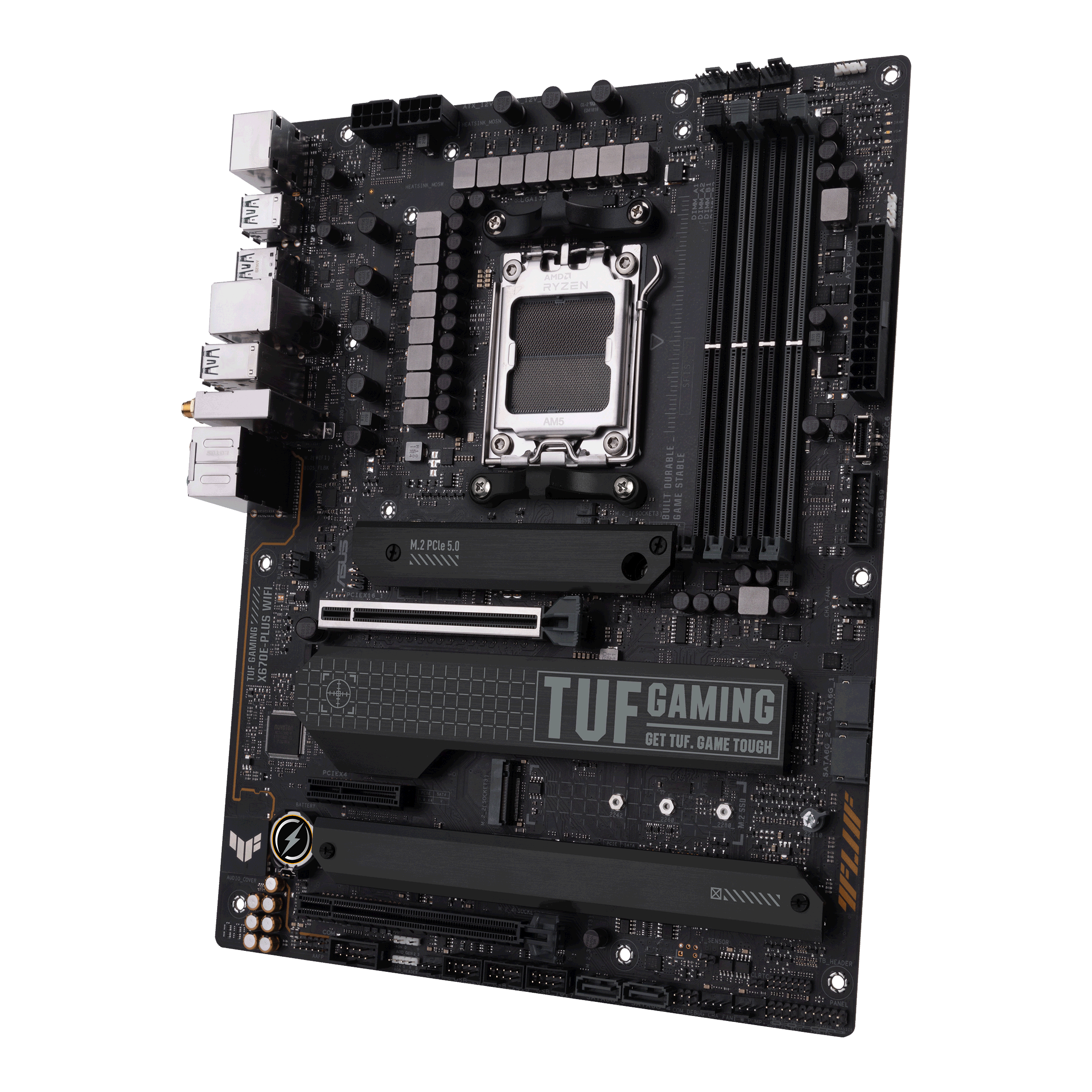 A large main feature product image of EX-DEMO ASUS TUF Gaming X670E-Plus WiFi AM5 ATX Desktop Motherboard