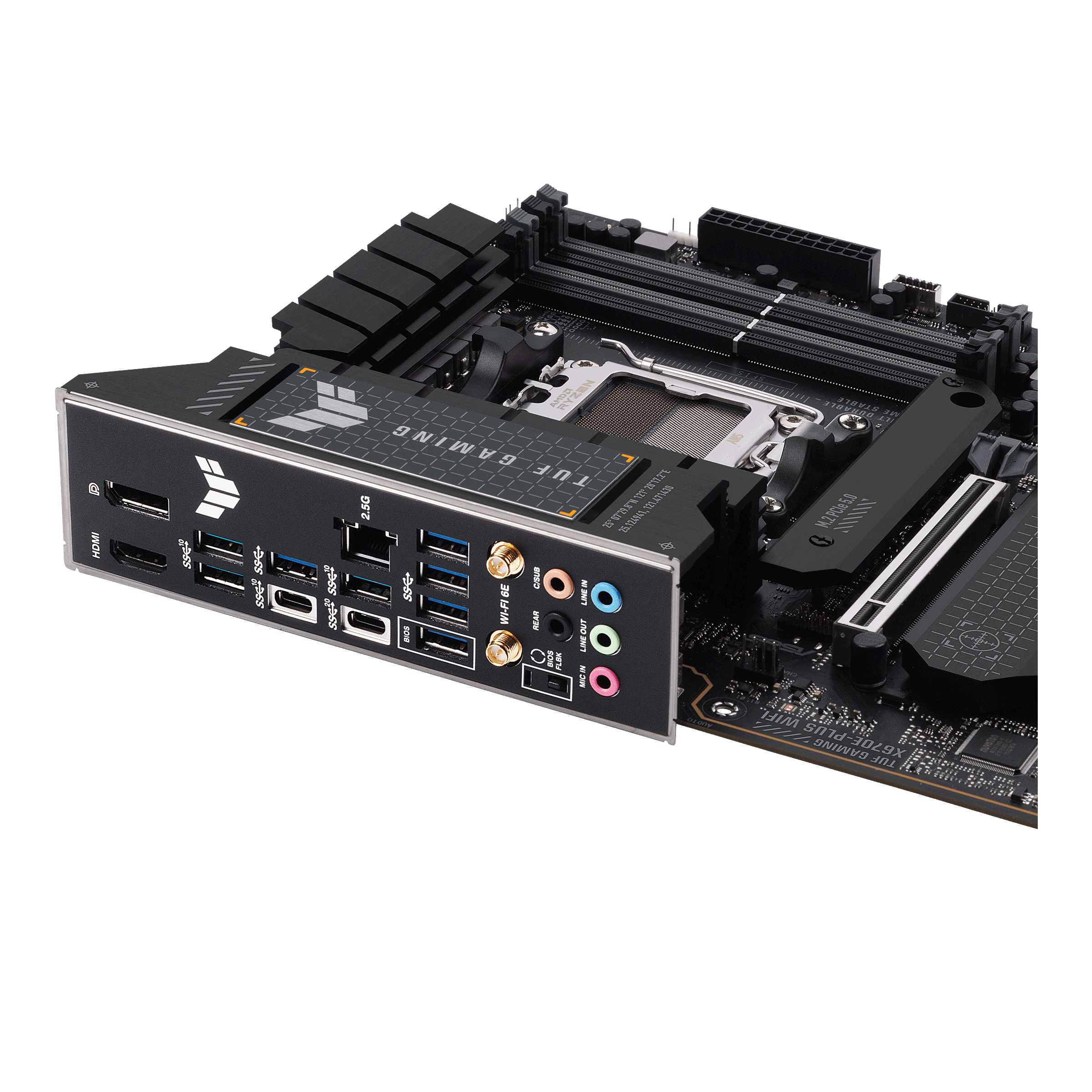 A large main feature product image of EX-DEMO ASUS TUF Gaming X670E-Plus WiFi AM5 ATX Desktop Motherboard