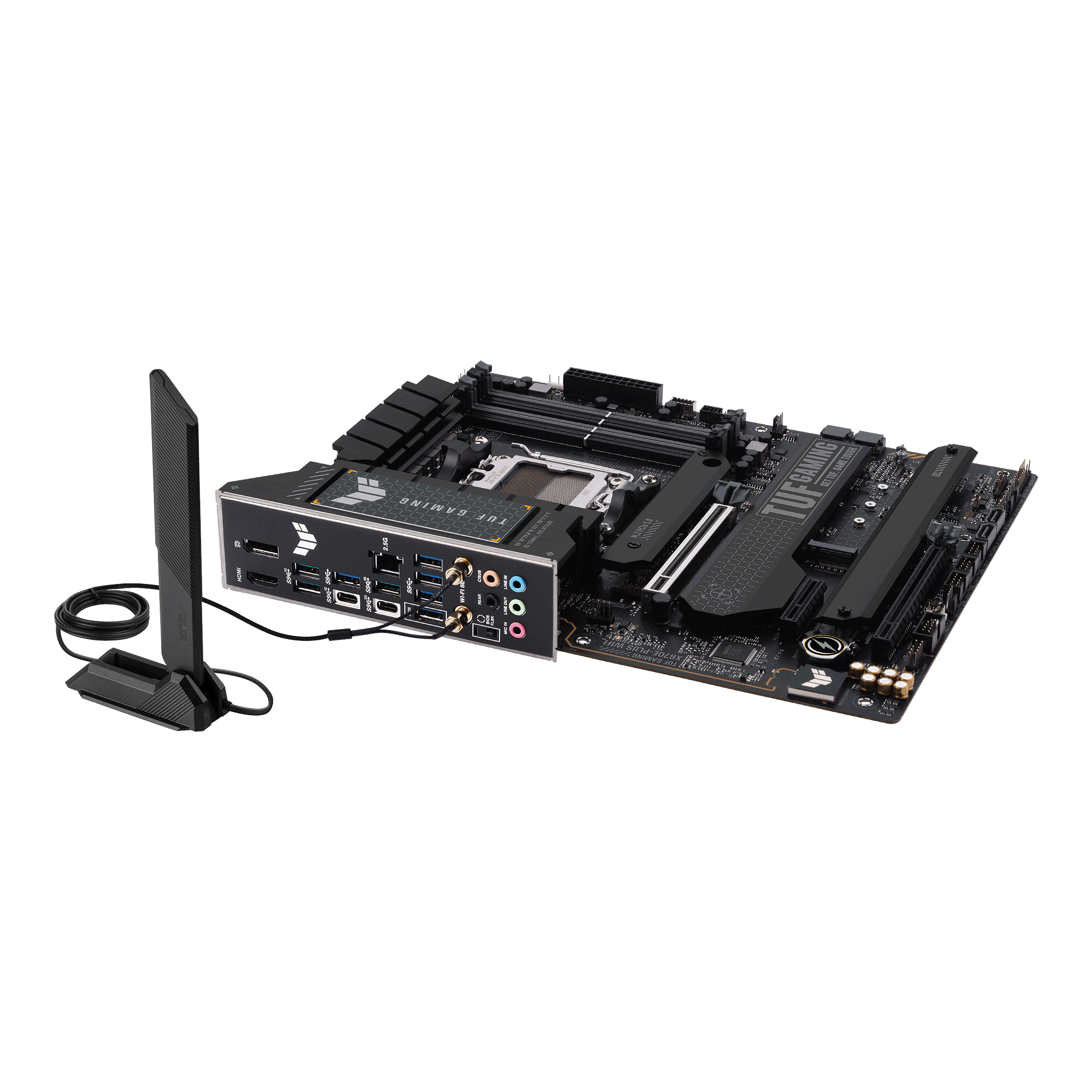 A large main feature product image of EX-DEMO ASUS TUF Gaming X670E-Plus WiFi AM5 ATX Desktop Motherboard