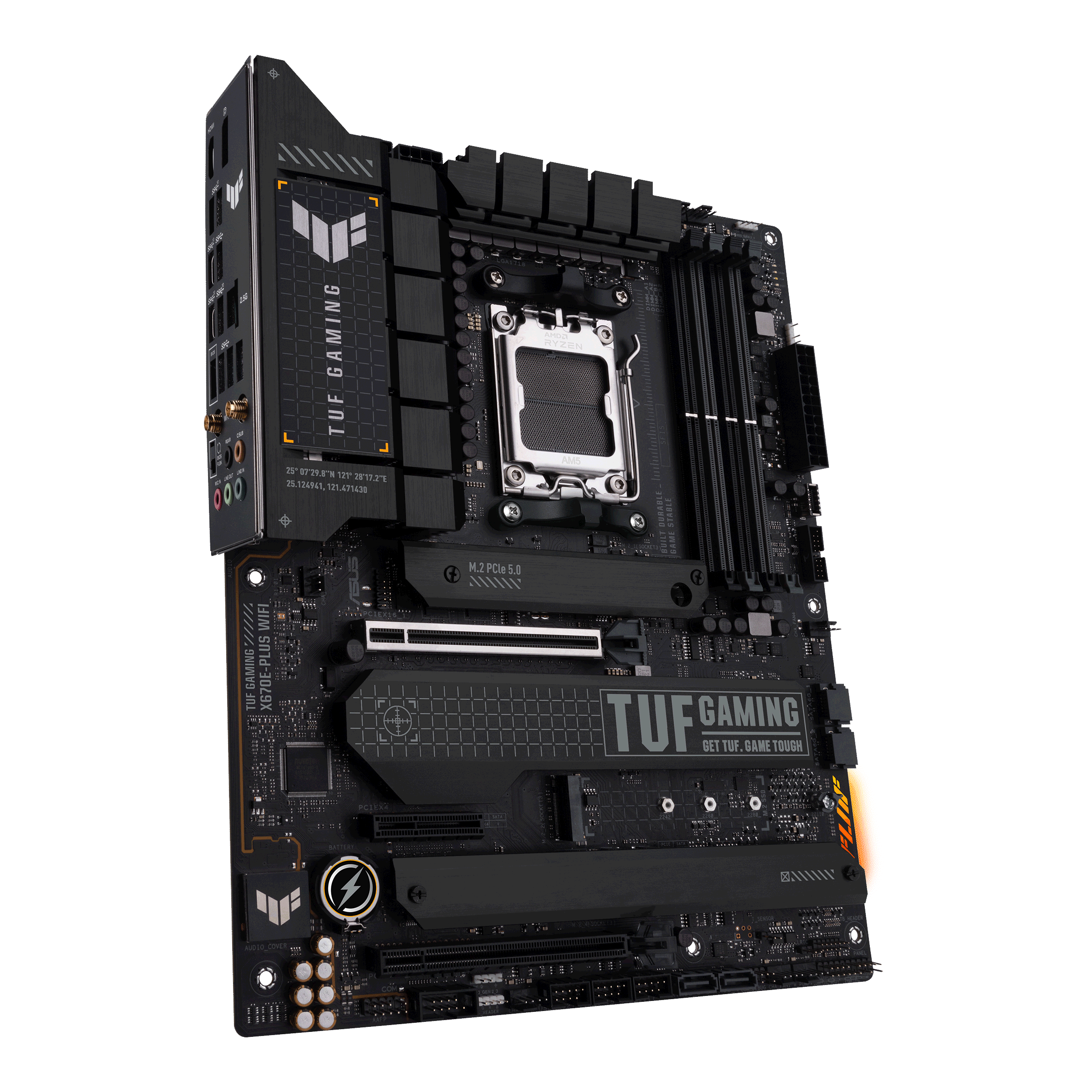 A large main feature product image of EX-DEMO ASUS TUF Gaming X670E-Plus WiFi AM5 ATX Desktop Motherboard