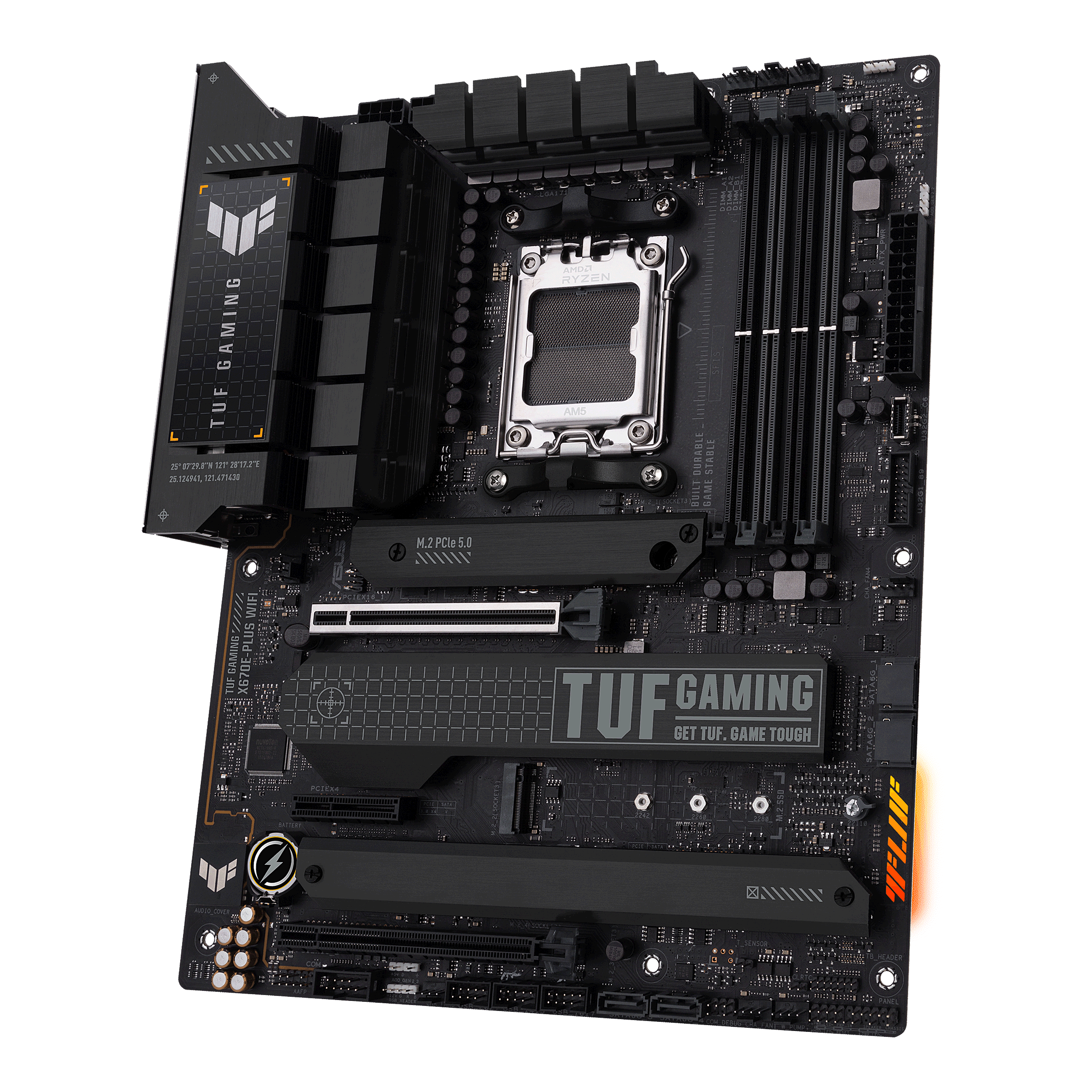 A large main feature product image of EX-DEMO ASUS TUF Gaming X670E-Plus WiFi AM5 ATX Desktop Motherboard