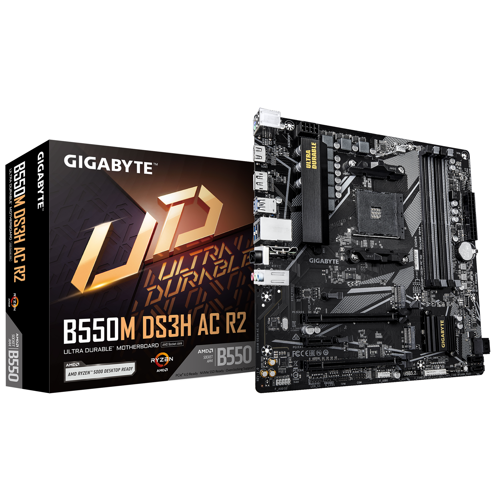 A large main feature product image of EX-DEMO Gigabyte B550M DS3H AC R2 AM4 mATX Desktop Motherboard