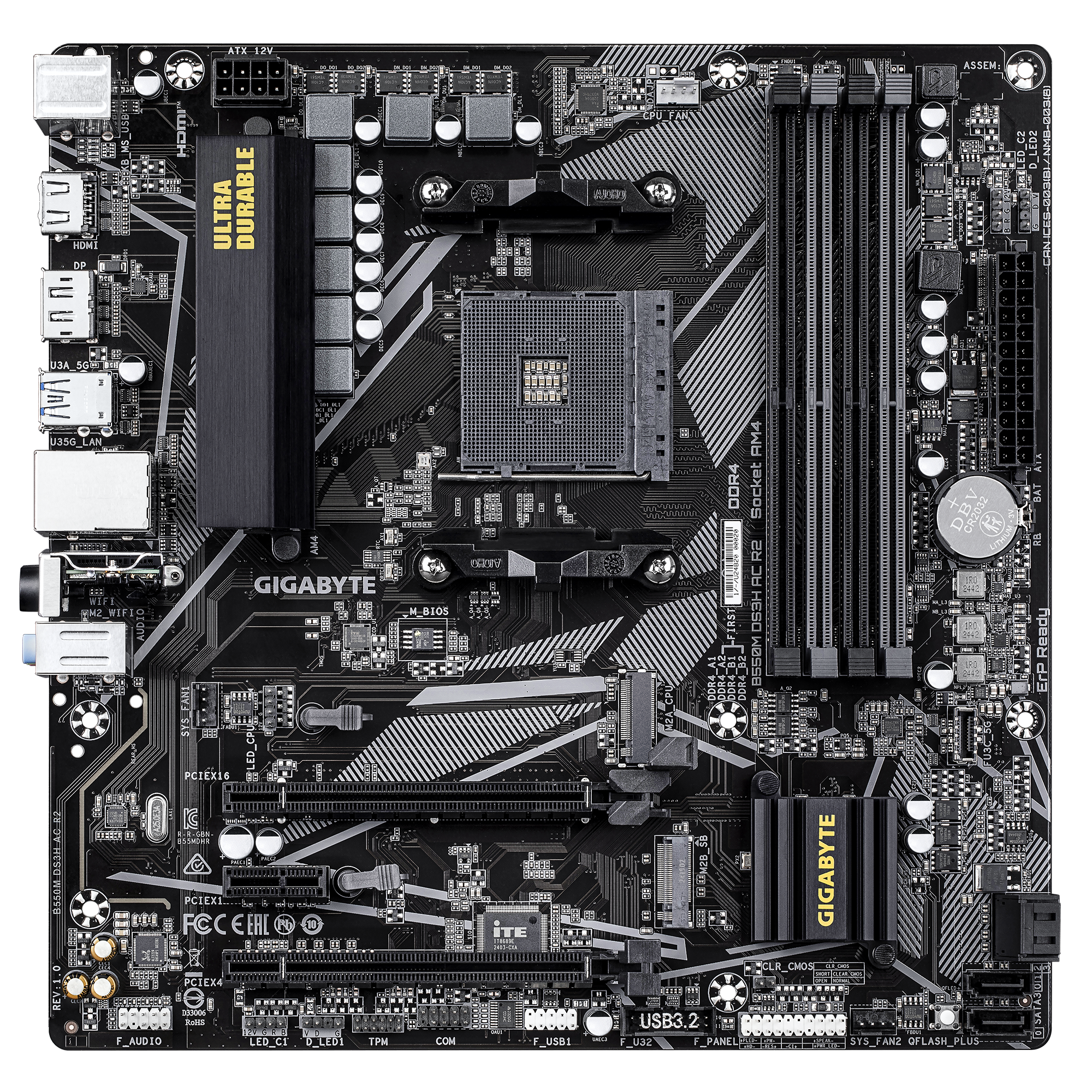 A large main feature product image of EX-DEMO Gigabyte B550M DS3H AC R2 AM4 mATX Desktop Motherboard