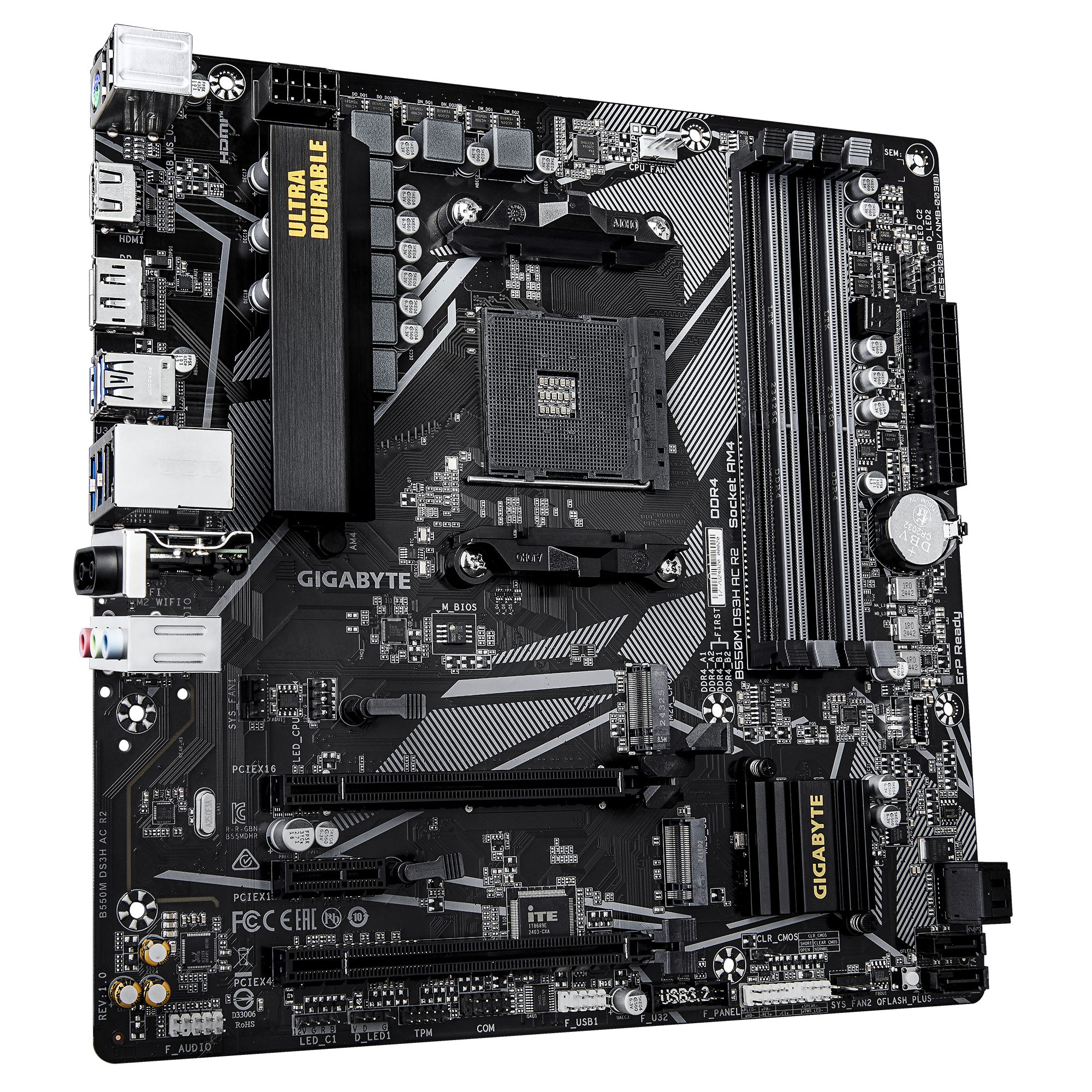 A large main feature product image of EX-DEMO Gigabyte B550M DS3H AC R2 AM4 mATX Desktop Motherboard