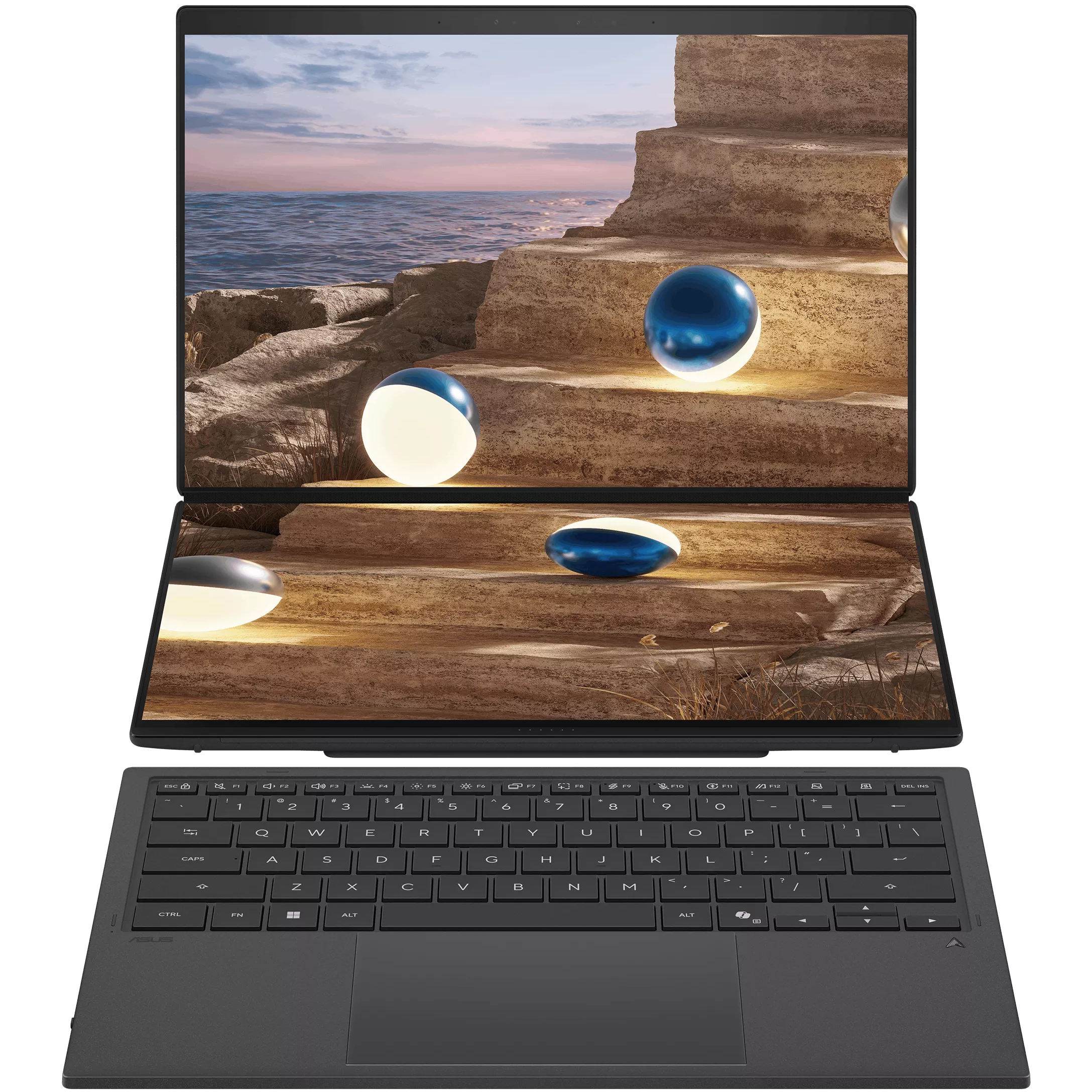 A large main feature product image of ASUS Zenbook Duo (UX5406) - 14" 3K 144Hz OLED Touch, Ultra X7 358H, 32GB/1TB - Win 11 Notebook