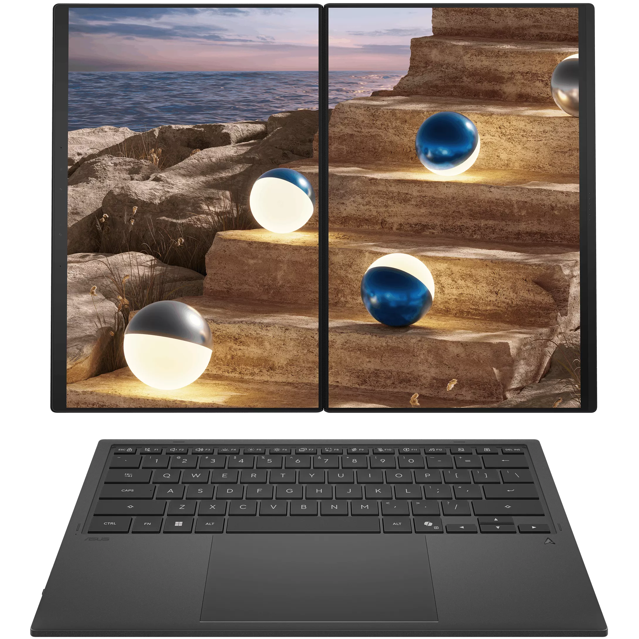 A large main feature product image of ASUS Zenbook Duo (UX5406) - 14" 3K 144Hz OLED Touch, Ultra X7 358H, 32GB/1TB - Win 11 Notebook