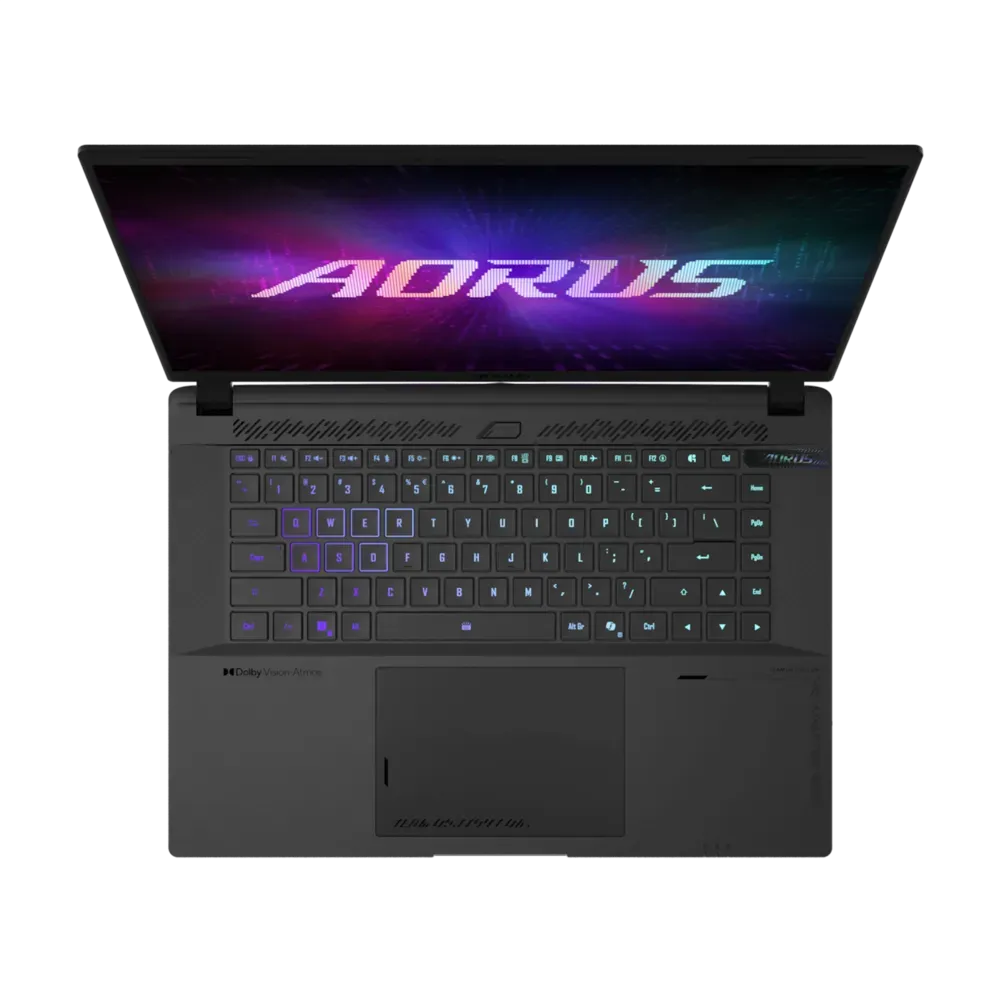 A large main feature product image of Gigabyte AORUS MASTER 16 (8XJ) - 16" OLED 240Hz, Ryzen 9 8940HX, RTX 5070 Ti, 32GB/1TB - Win 11 Gaming Notebook