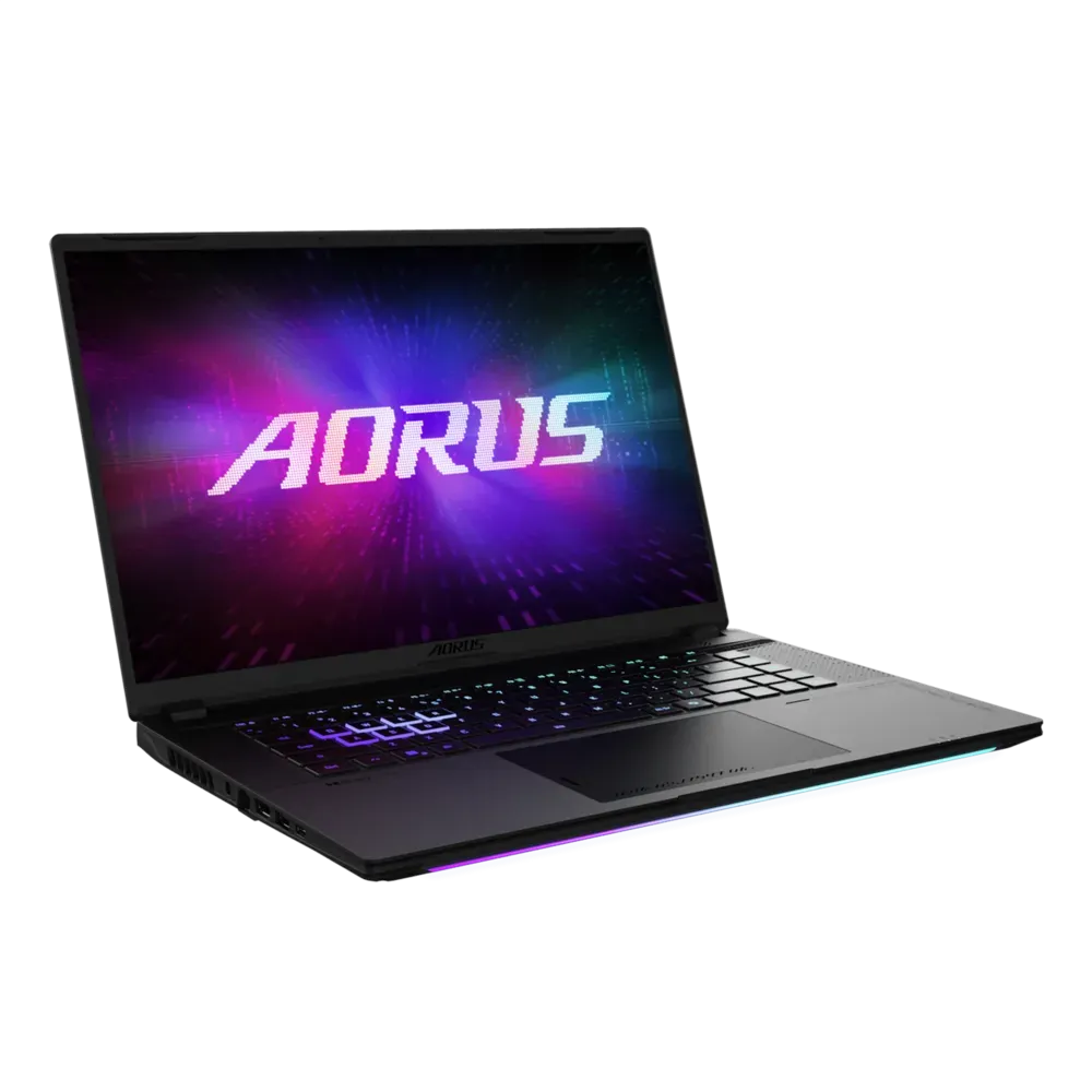 A large main feature product image of Gigabyte AORUS MASTER 16 (8XJ) - 16" OLED 240Hz, Ryzen 9 8940HX, RTX 5070 Ti, 32GB/1TB - Win 11 Gaming Notebook