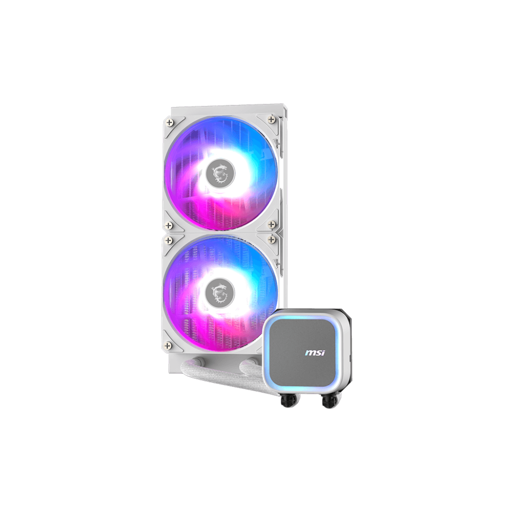 A large main feature product image of EX-DEMO MSI MAG CoreLiquid A13 240mm AIO Liquid CPU Cooler (White)