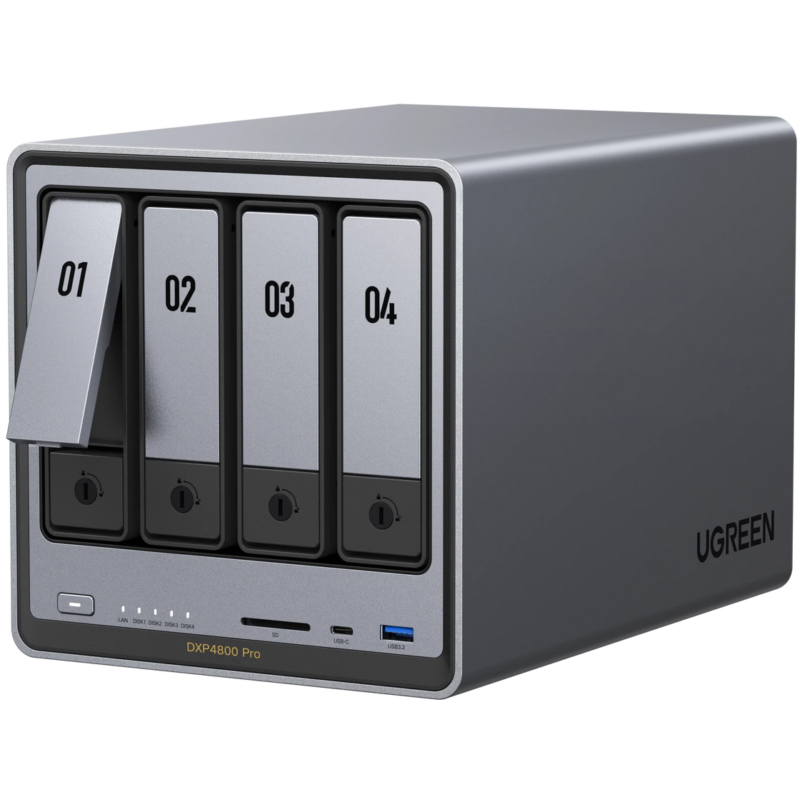 A large main feature product image of UGREEN NASync DXP4800 Plus 4-Bay NAS (4.5GHz Intel 5-Core, 8GB RAM, 10GbE)