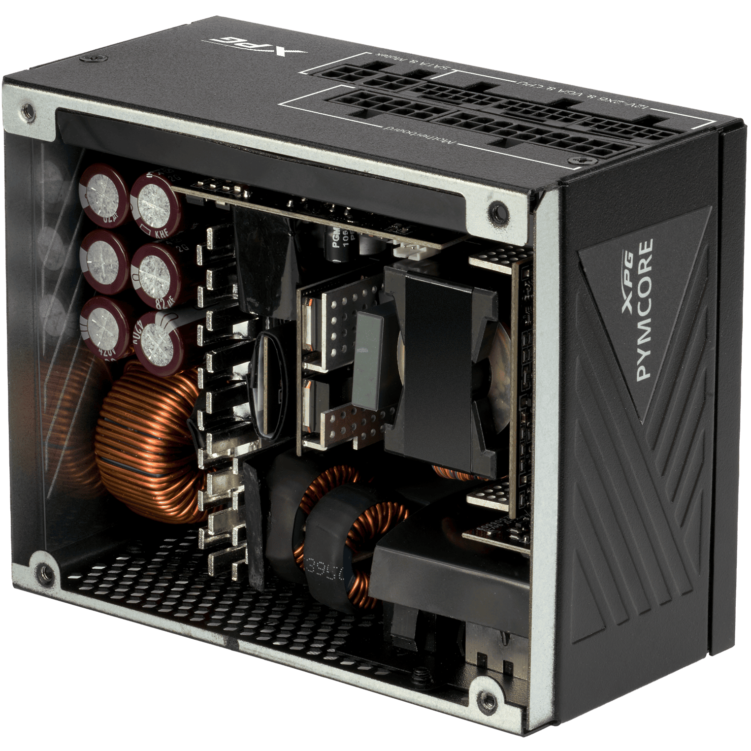 A large main feature product image of ADATA XPG Pymcore 750W Gold SFX Modular PSU