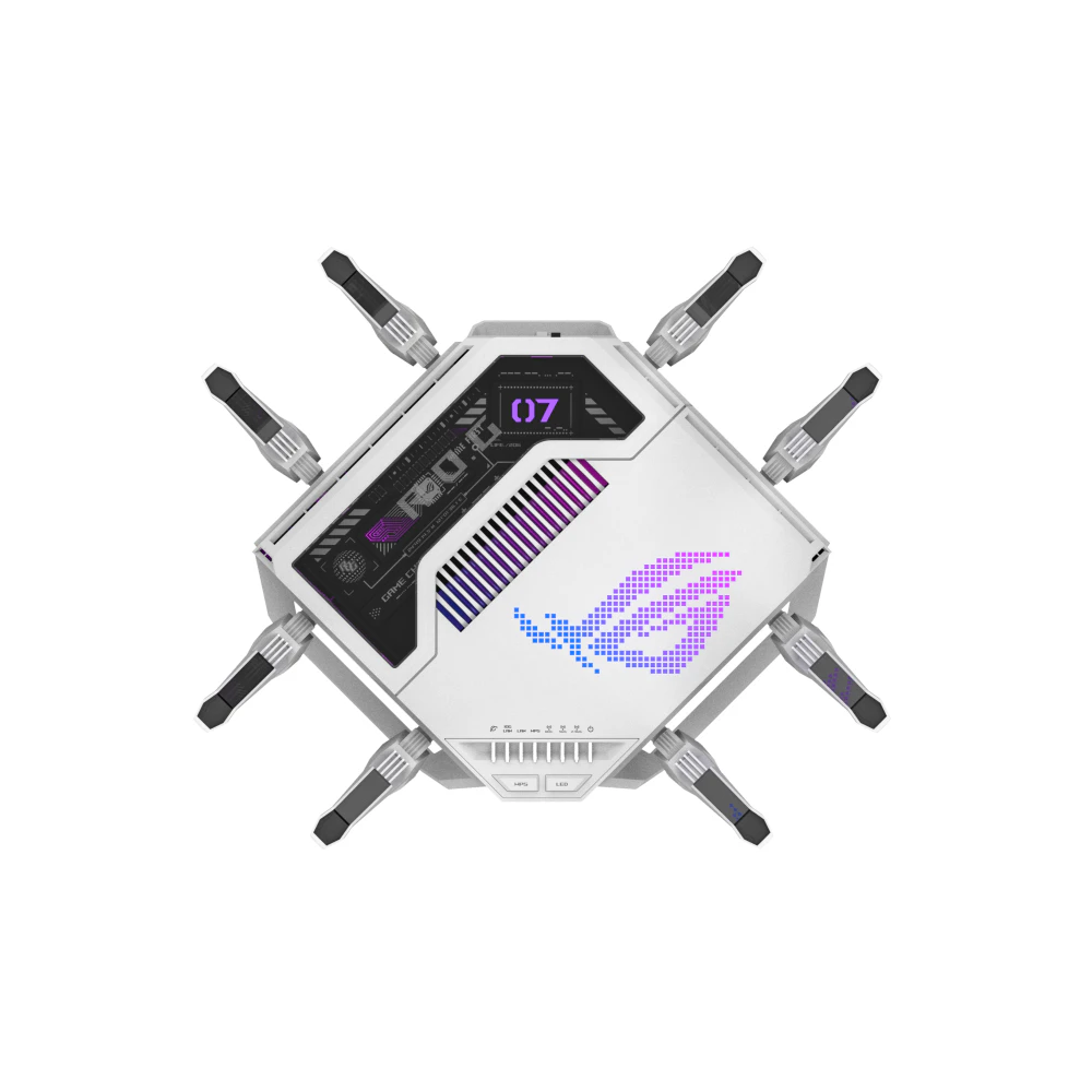 A large main feature product image of EX-DEMO ASUS ROG Rapture GT-BE19000AI Tri-Band WiFi 7 AI Gaming Router