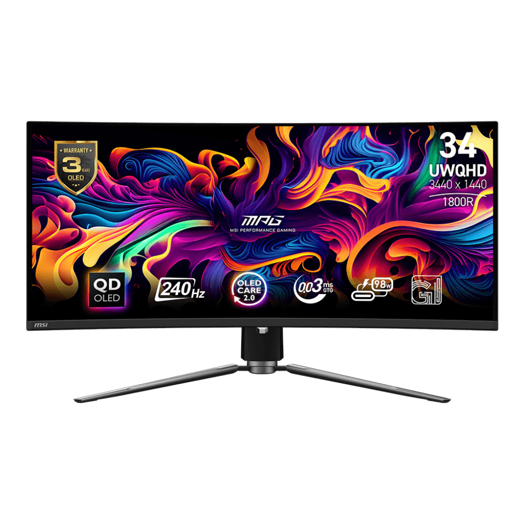 A large main feature product image of EX-DEMO MSI MPG 341CQPX QD-OLED - 34" Curved 1440p 240Hz Gaming Monitor