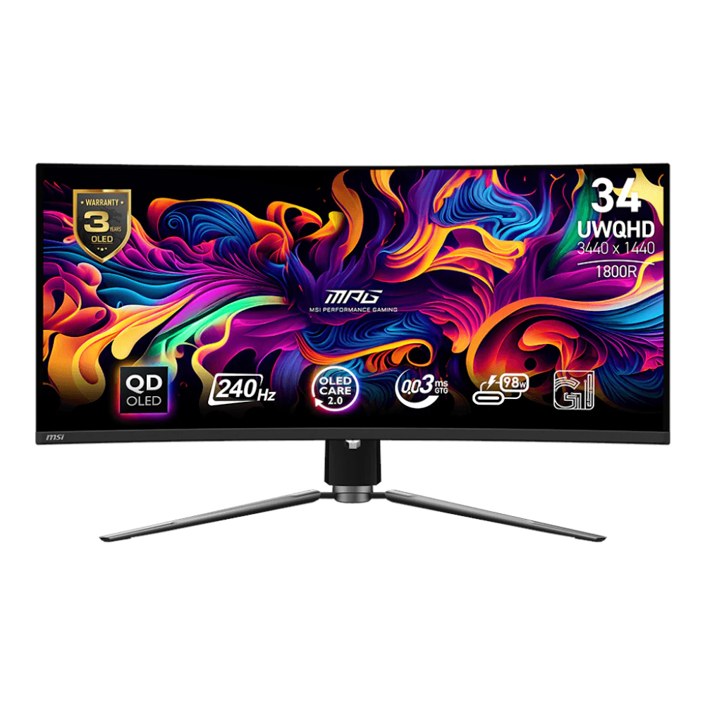A large main feature product image of EX-DEMO MSI MPG 341CQPX QD-OLED - 34" Curved 1440p 240Hz Gaming Monitor