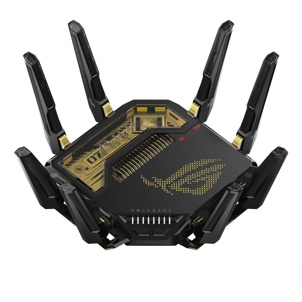 A large main feature product image of ASUS ROG Rapture GT-BE98 Quad-Band Wi-Fi 7 AiMesh Router Router - Edition 20