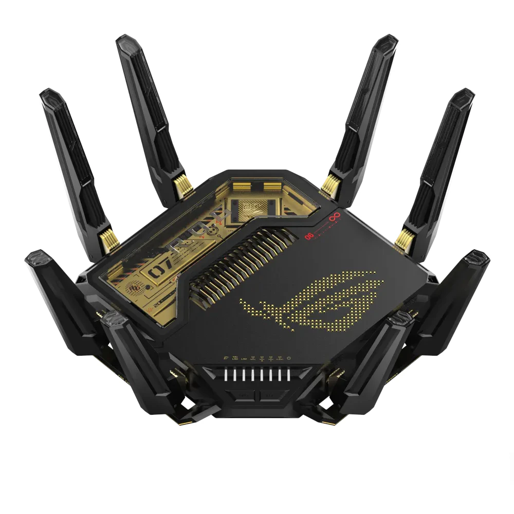 A large main feature product image of ASUS ROG Rapture GT-BE98 Quad-Band Wi-Fi 7 AiMesh Router Router - Edition 20