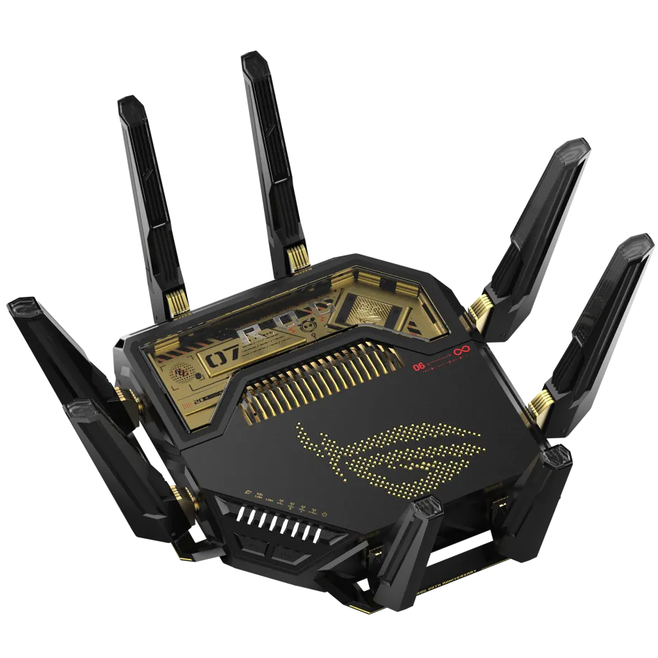 A large main feature product image of ASUS ROG Rapture GT-BE98 Quad-Band Wi-Fi 7 AiMesh Router Router - Edition 20