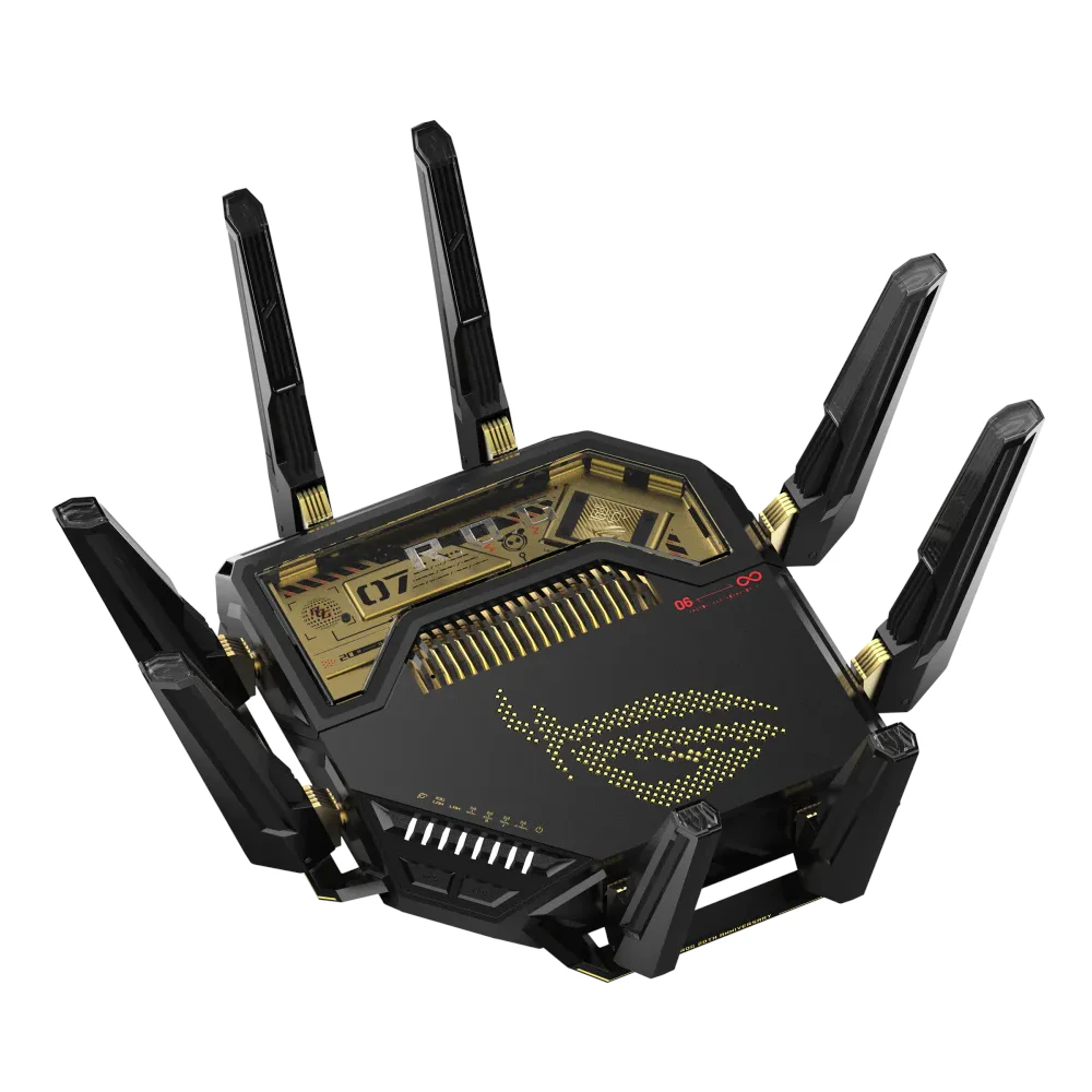A large main feature product image of ASUS ROG Rapture GT-BE98 Quad-Band Wi-Fi 7 AiMesh Router Router - Edition 20