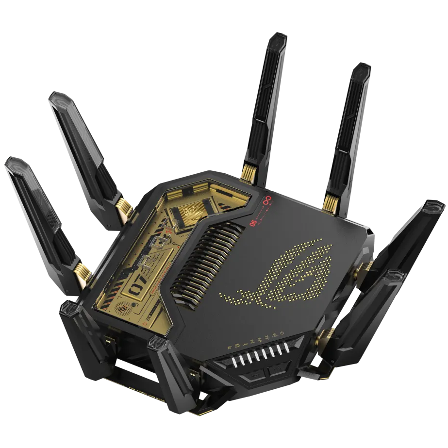 A large main feature product image of ASUS ROG Rapture GT-BE98 Quad-Band Wi-Fi 7 AiMesh Router Router - Edition 20