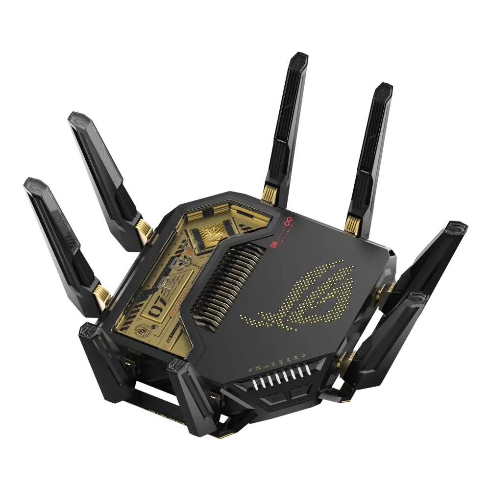 A large main feature product image of ASUS ROG Rapture GT-BE98 Quad-Band Wi-Fi 7 AiMesh Router Router - Edition 20