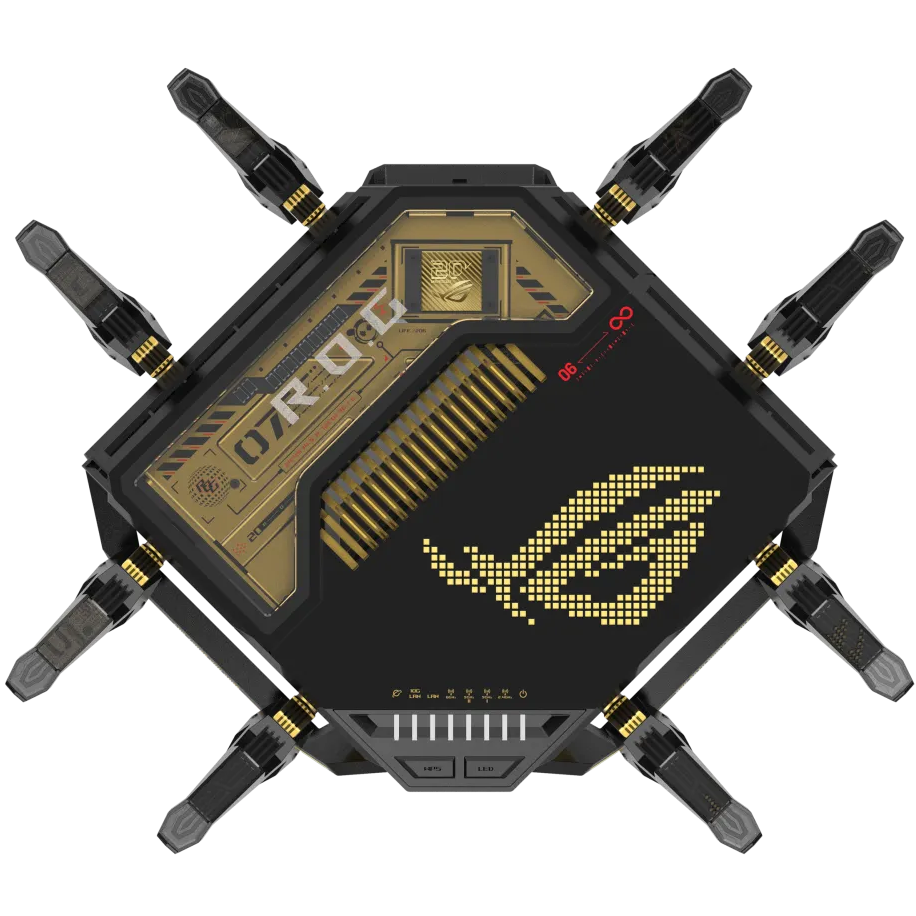 A large main feature product image of ASUS ROG Rapture GT-BE98 Quad-Band Wi-Fi 7 AiMesh Router Router - Edition 20