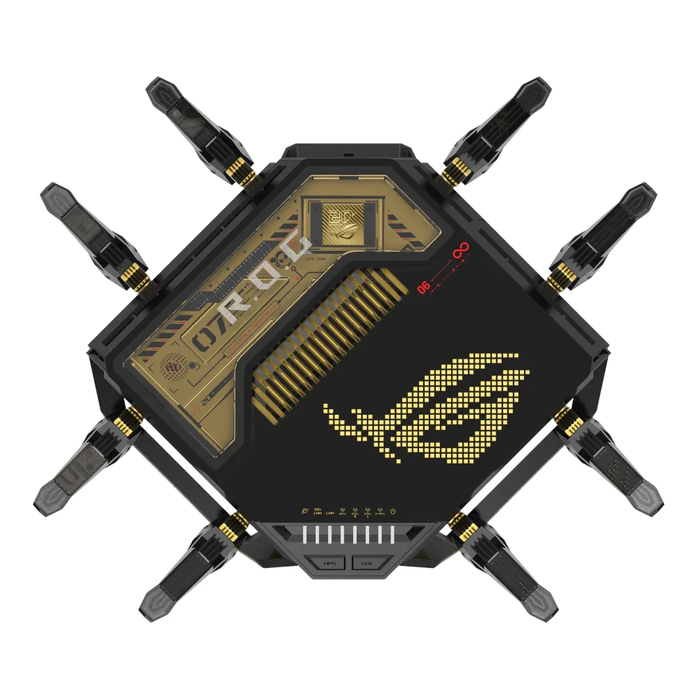 A large main feature product image of ASUS ROG Rapture GT-BE98 Quad-Band Wi-Fi 7 AiMesh Router Router - Edition 20