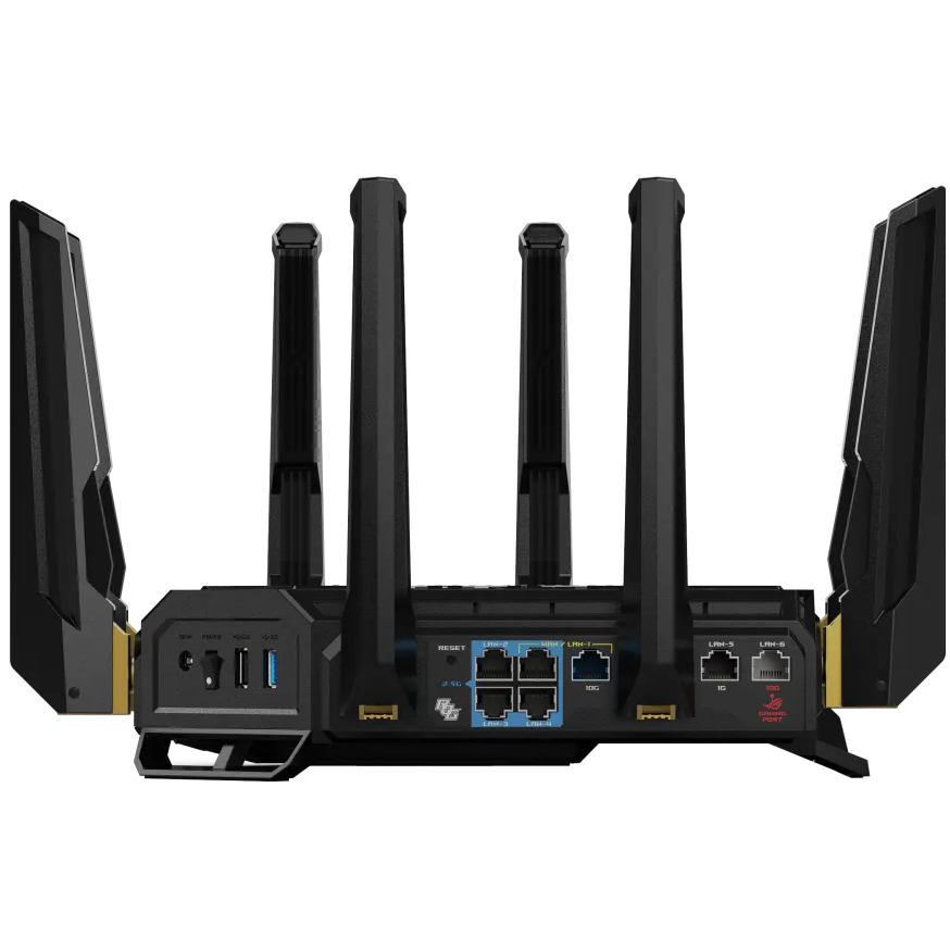 A large main feature product image of ASUS ROG Rapture GT-BE98 Quad-Band Wi-Fi 7 AiMesh Router Router - Edition 20