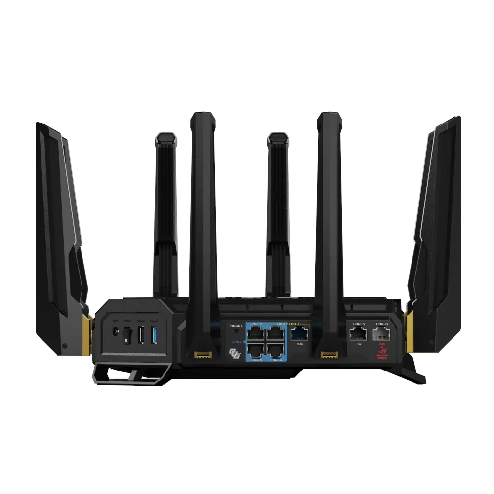 A large main feature product image of ASUS ROG Rapture GT-BE98 Quad-Band Wi-Fi 7 AiMesh Router Router - Edition 20