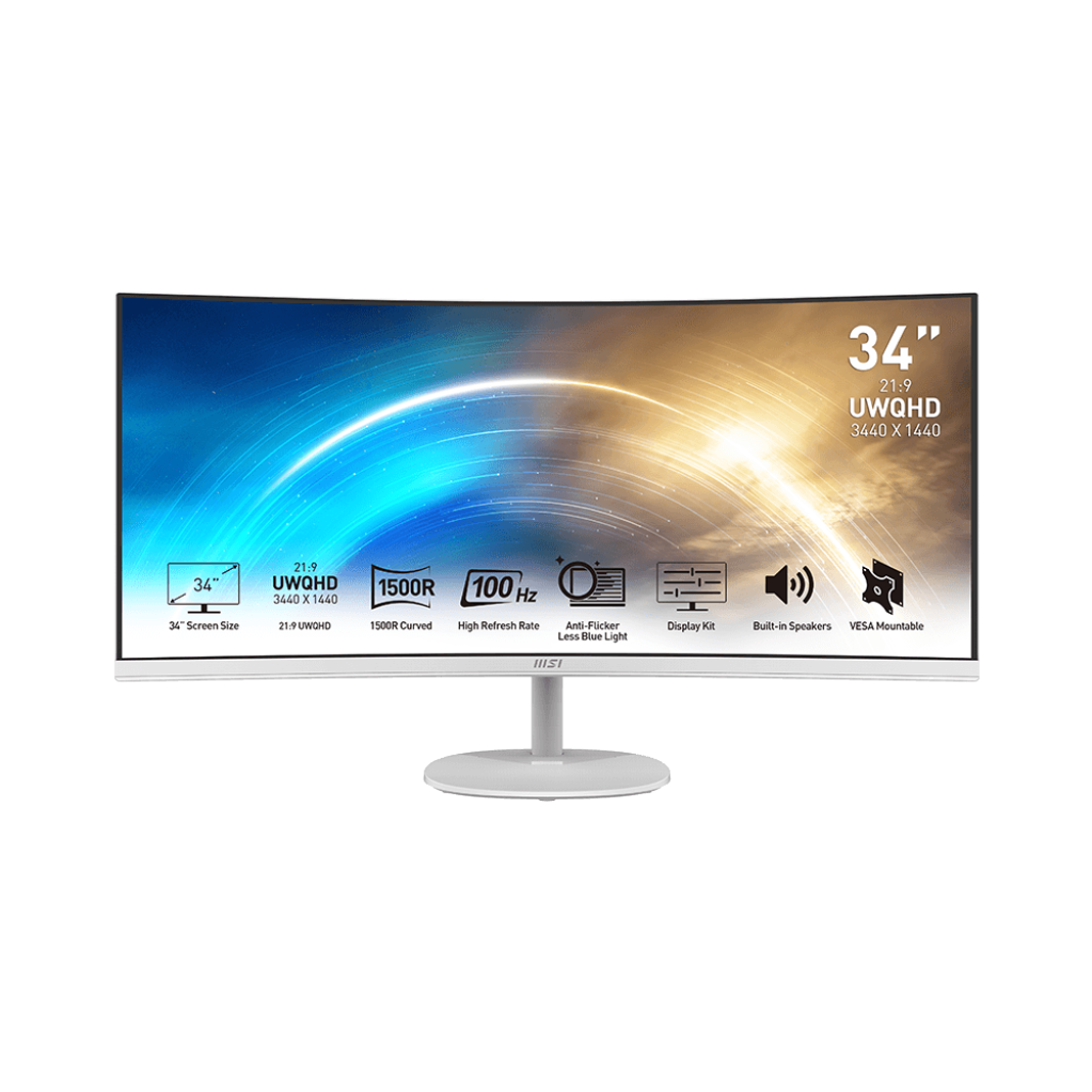 A large main feature product image of EX-DEMO MSI PRO MP341CQW - 34" Curved 1440p 100Hz VA Monitor (White)