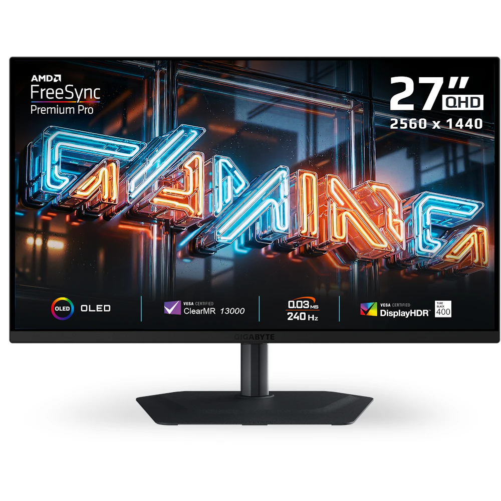 A large main feature product image of EX-DEMO Gigabyte MO27Q2 OLED - 27" 1440p 240Hz 0.03ms Gaming Monitor