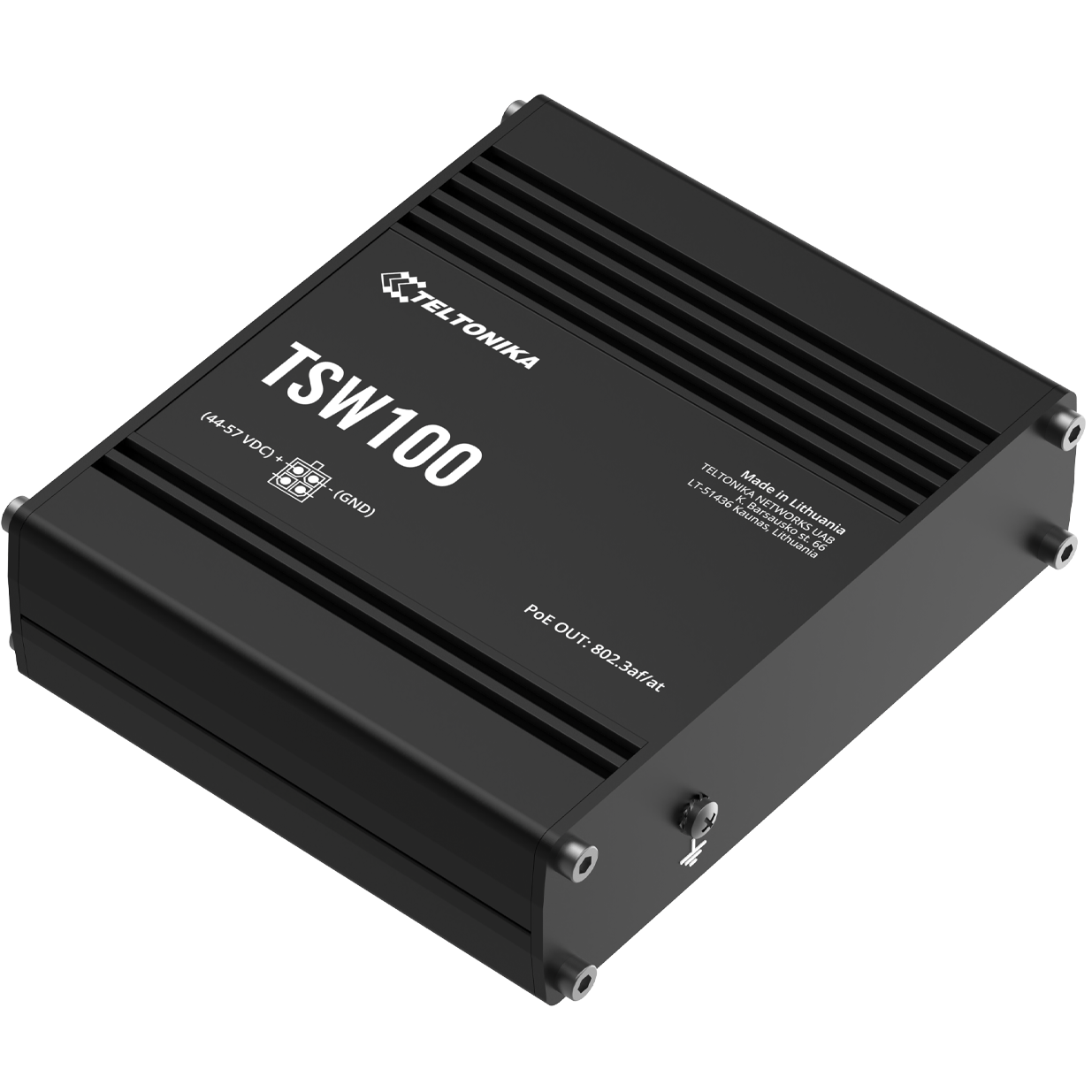 A large main feature product image of Teltonika TSW100 Industrial POE+ Ethernet Switch