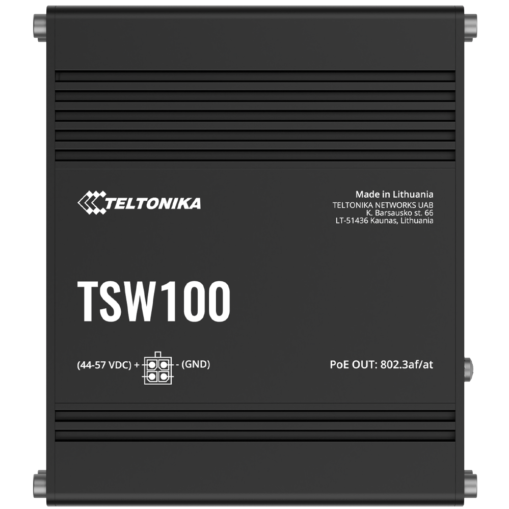 A large main feature product image of Teltonika TSW100 Industrial POE+ Ethernet Switch