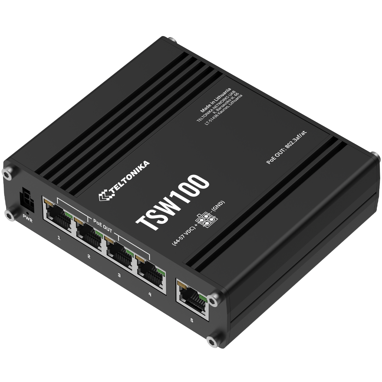 A large main feature product image of Teltonika TSW100 Industrial POE+ Ethernet Switch