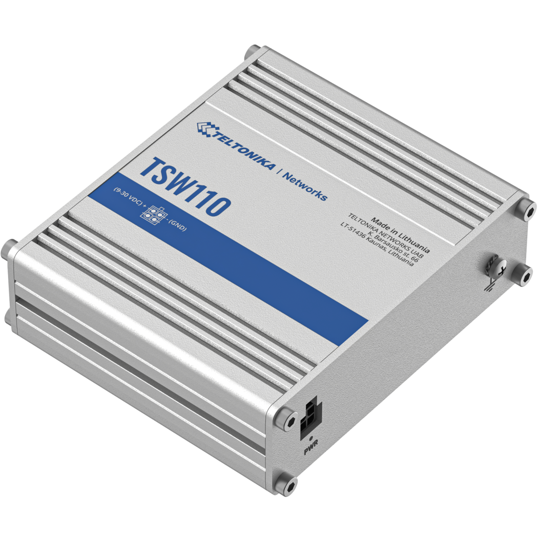 A large main feature product image of Teltonika TSW110 L2 Unmanaged Ethernet Switch