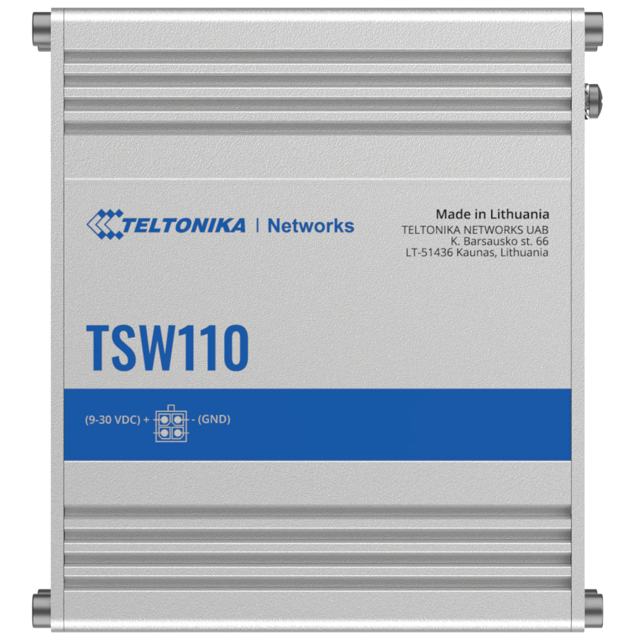 A large main feature product image of Teltonika TSW110 L2 Unmanaged Ethernet Switch