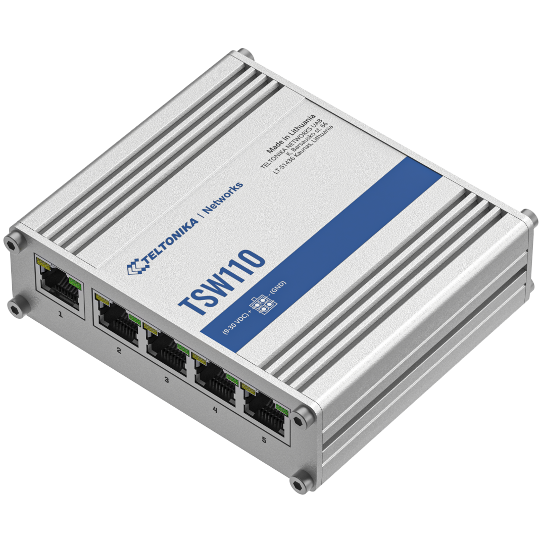 A large main feature product image of Teltonika TSW110 L2 Unmanaged Ethernet Switch
