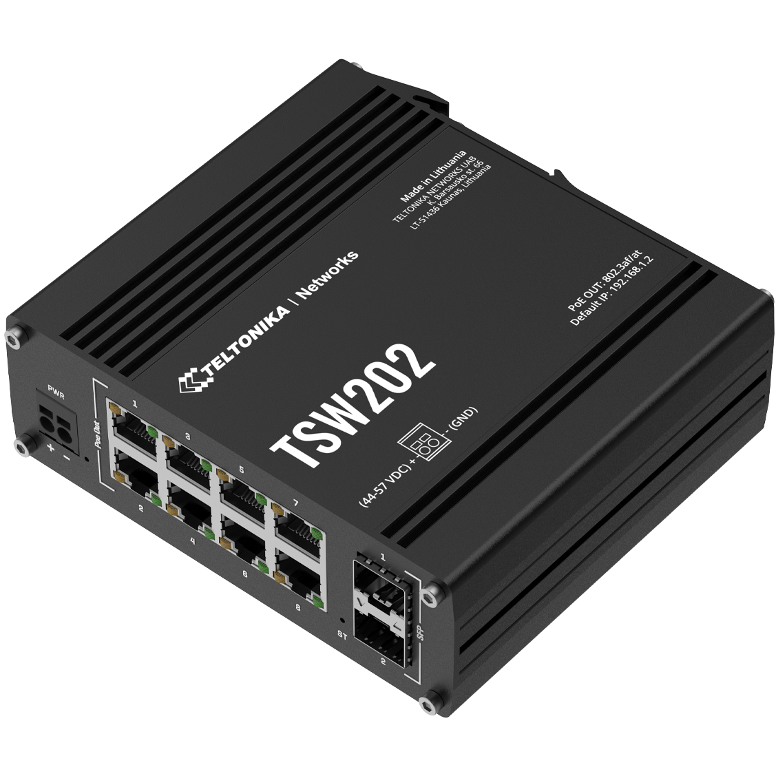 A large main feature product image of Teltonika TSW202 Managed PoE+ 8 Port Ethernet Switch