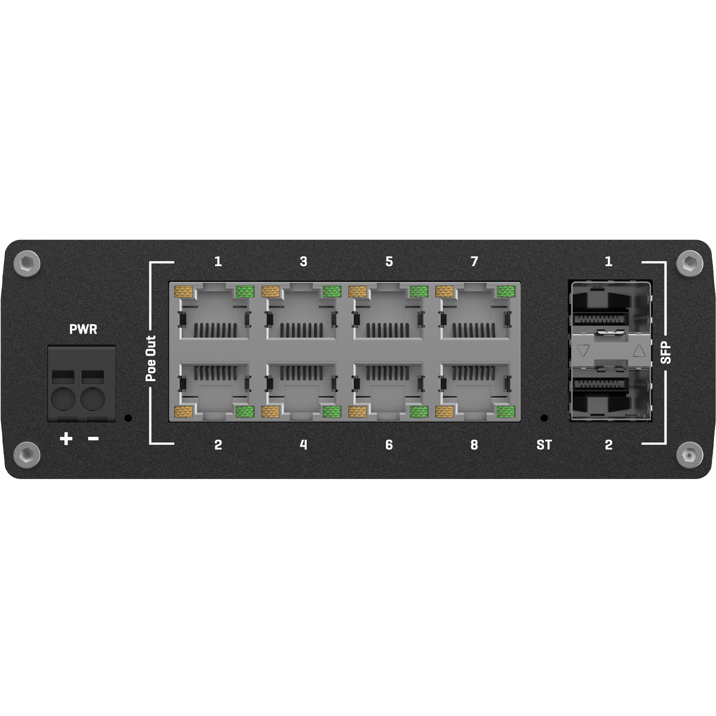 A large main feature product image of Teltonika TSW202 Managed PoE+ 8 Port Ethernet Switch