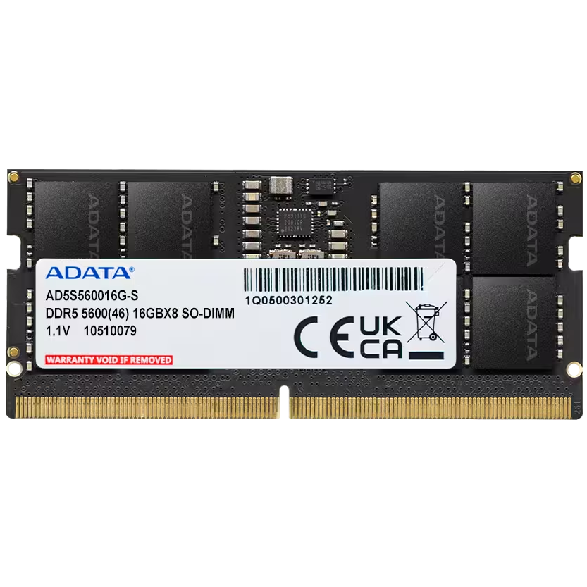 A large main feature product image of ADATA 16GB Single (1x16GB) DDR5-5600 C46 SO-DIMM