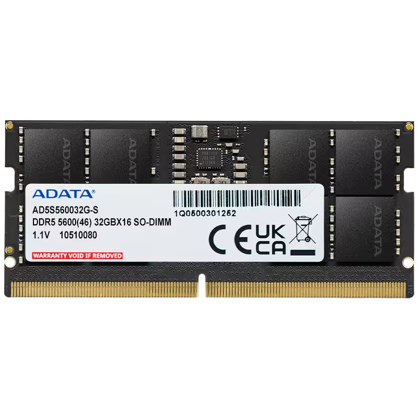 A large main feature product image of ADATA 32GB Single (1x32GB) DDR5-5600 C46 SO-DIMM