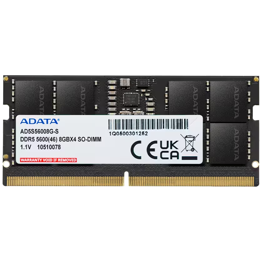 A large main feature product image of ADATA 8GB Single (1x8GB) DDR5-5600 C46 SO-DIMM