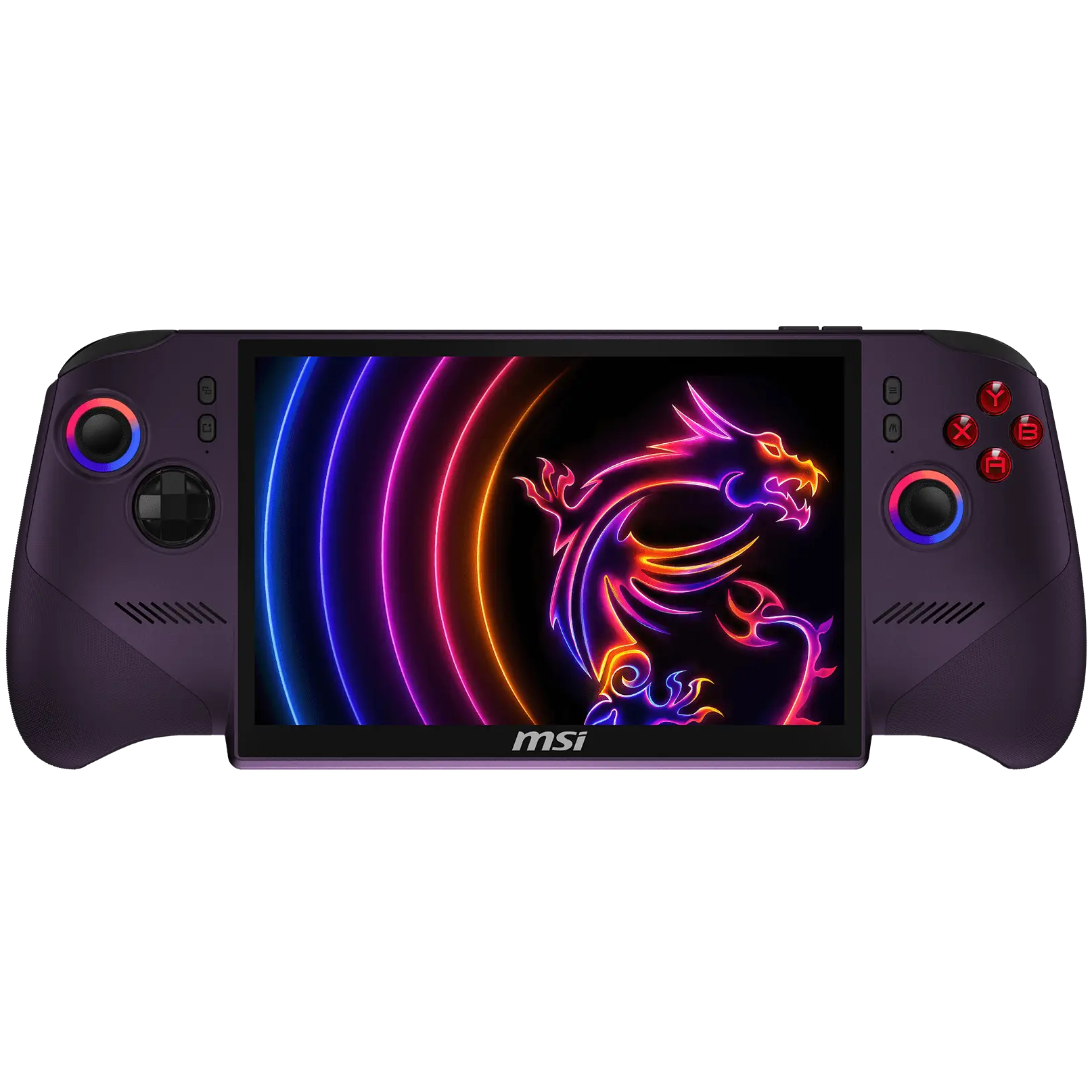 A large main feature product image of MSI Claw 8 EX AI+ (CG3M) - 8" 120Hz, Arc G3 Extreme, 32GB/1TB - Win 11 Gaming Handheld (Void Purple)