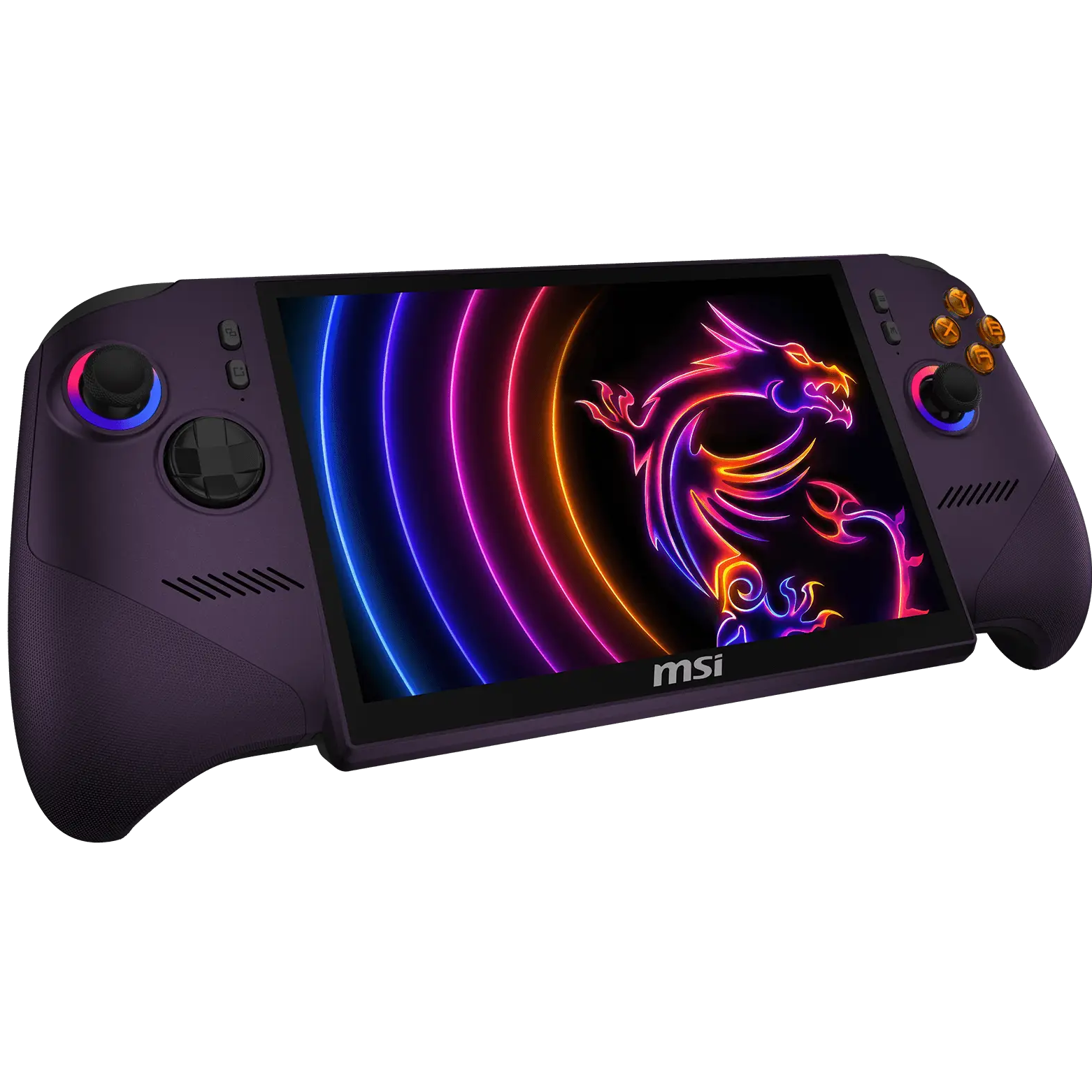 A large main feature product image of MSI Claw 8 EX AI+ (CG3M) - 8" 120Hz, Arc G3 Extreme, 32GB/1TB - Win 11 Gaming Handheld (Void Purple)