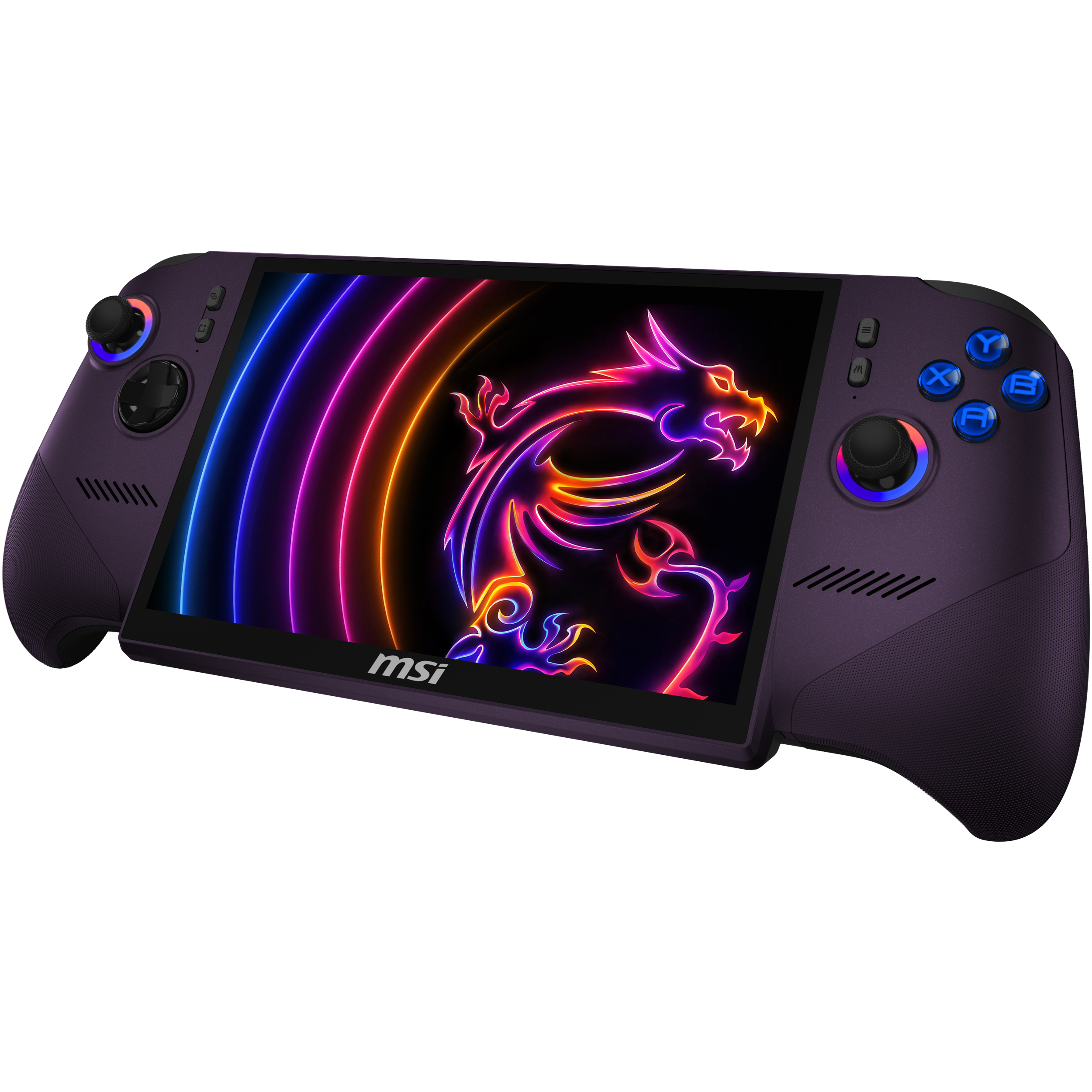 A large main feature product image of MSI Claw 8 EX AI+ (CG3M) - 8" 120Hz, Arc G3 Extreme, 32GB/1TB - Win 11 Gaming Handheld (Void Purple)