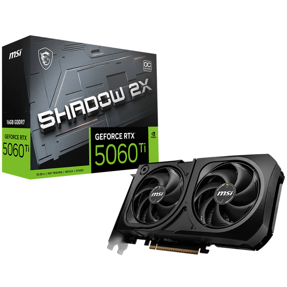 A large main feature product image of MSI GeForce RTX 5060 Ti SHADOW 2X OC PLUS 16GB GDDR7