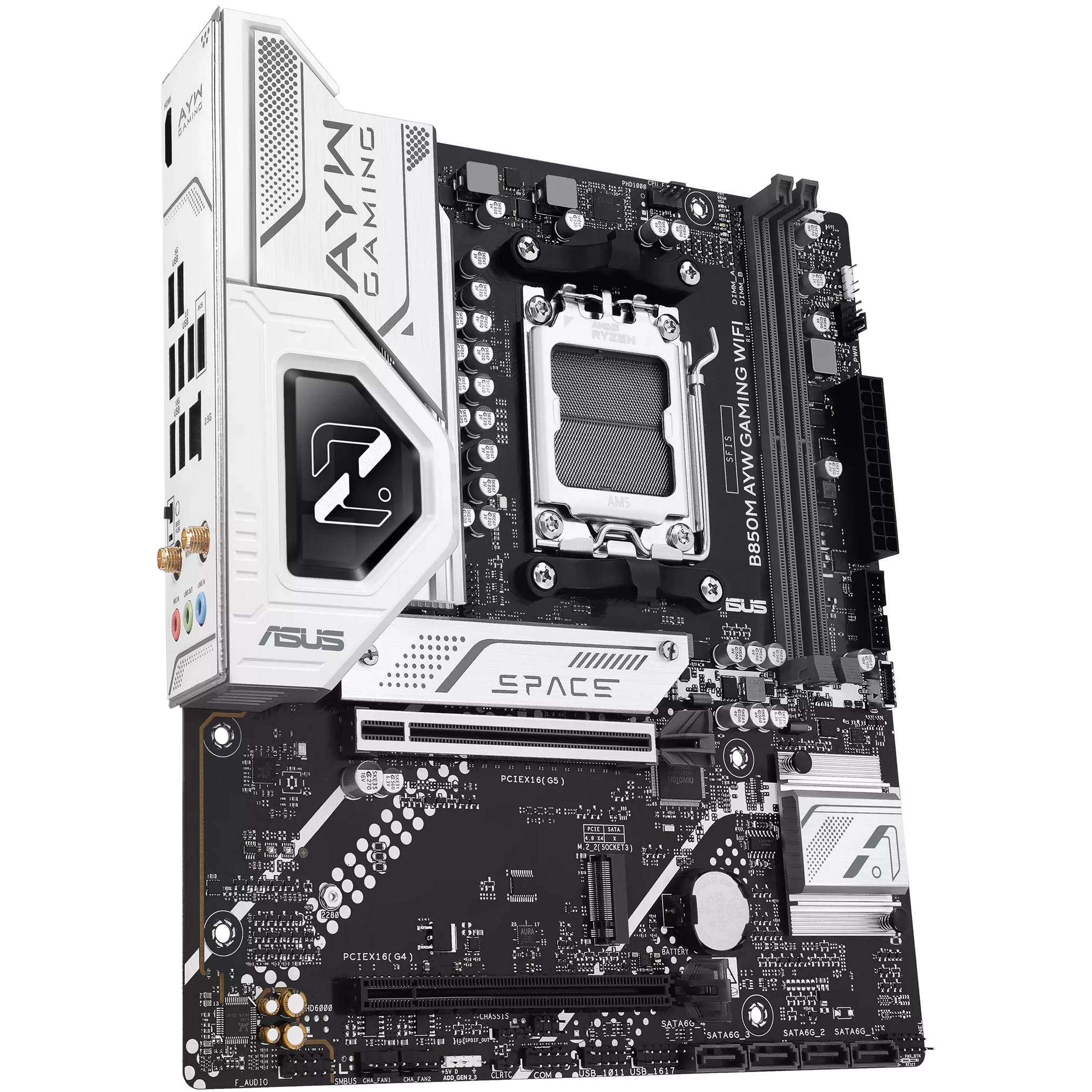 A large main feature product image of ASUS B850M AYW Gaming WiFi AM5 mATX Desktop Motherboard