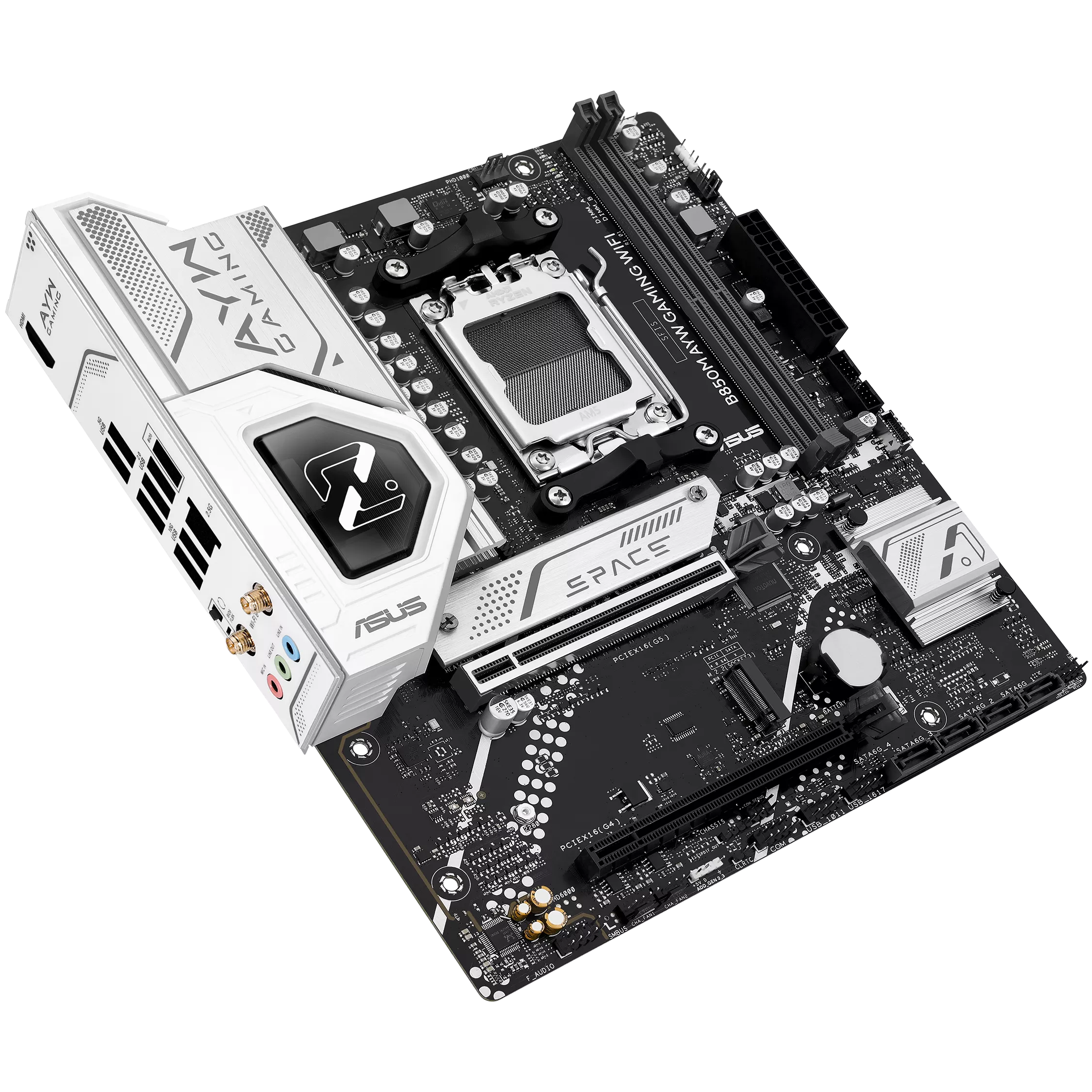 A large main feature product image of ASUS B850M AYW Gaming WiFi AM5 mATX Desktop Motherboard